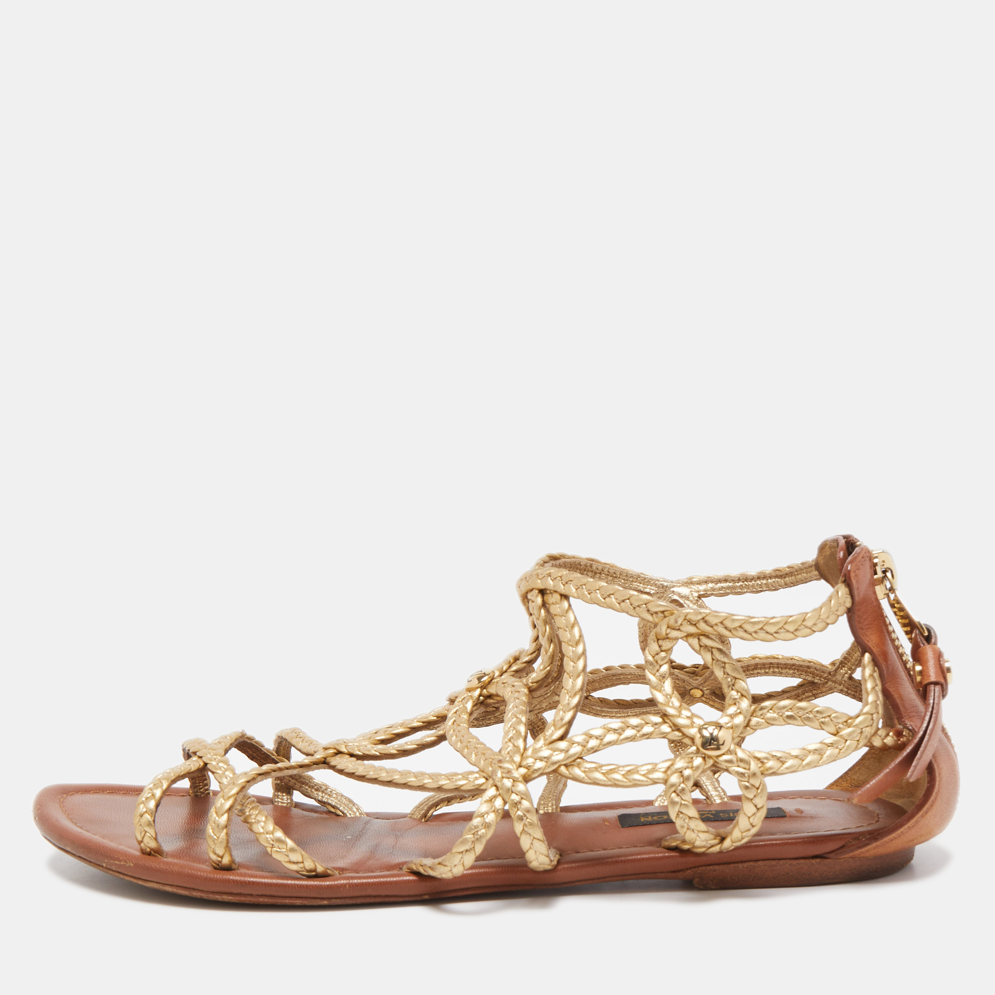Pre-owned Louis Vuitton Gold Braided Leather Strappy Flat Sandals Size 37