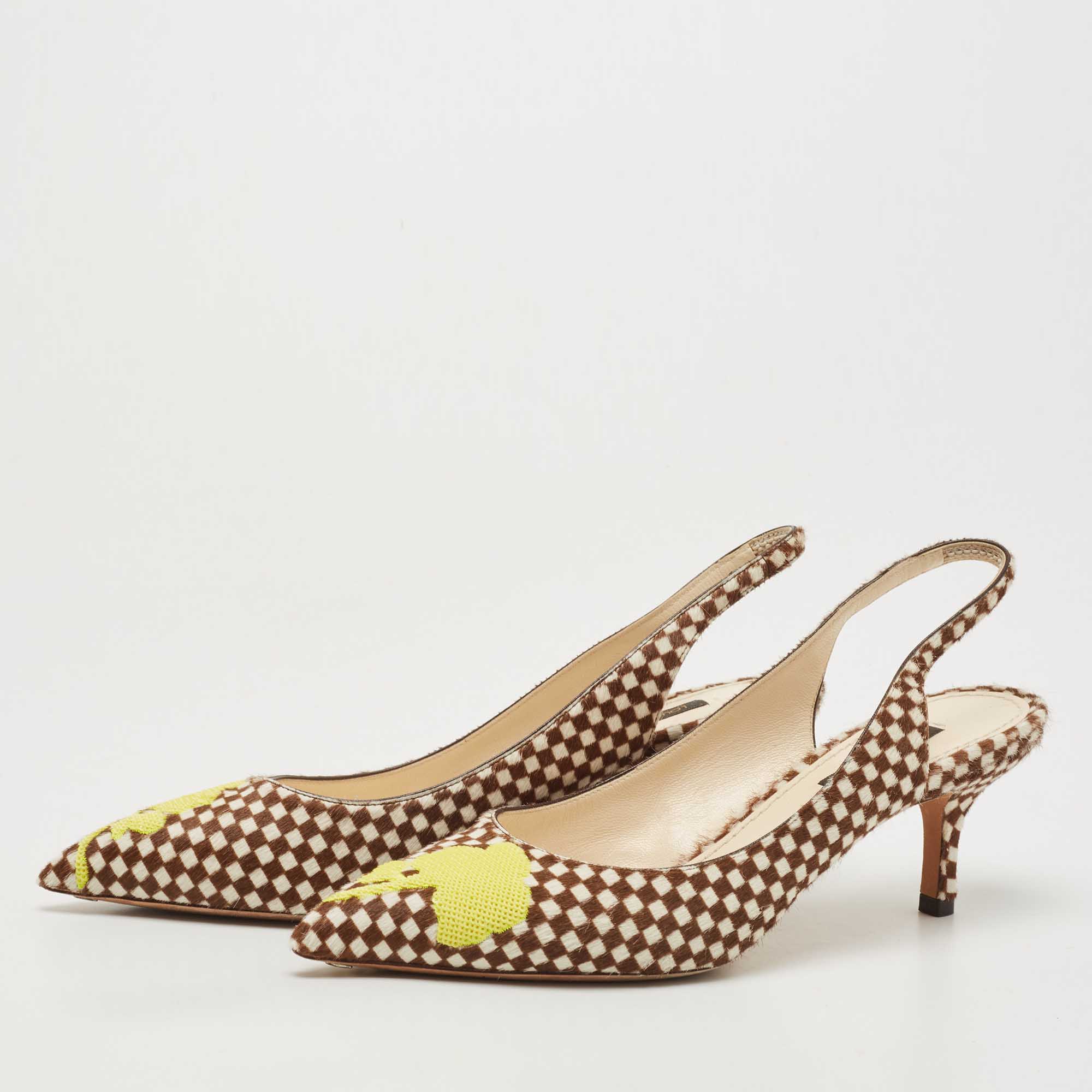 

Louis Vuitton White/Brown Pony Hair Embellished Slingback Pumps Size