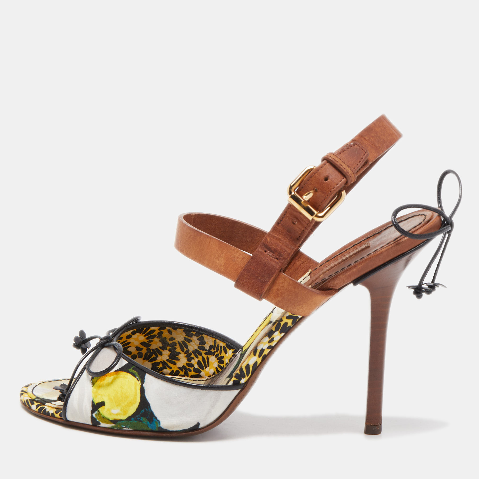 Pre-owned Louis Vuitton Yellow/white Satin And Leather Ankle Strap Sandals  Size 39 In Brown