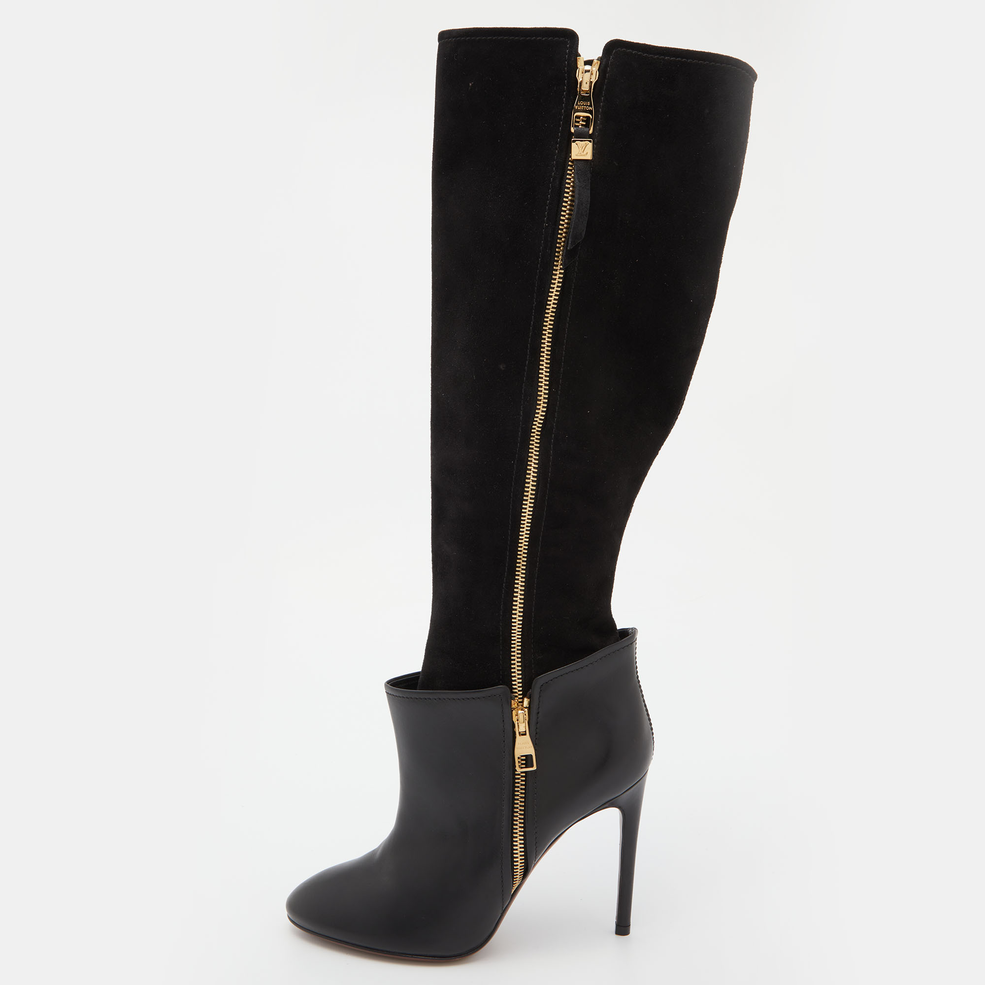 Pre-owned Louis Vuitton Black Leather And Suede Calf Length Booties Size 38