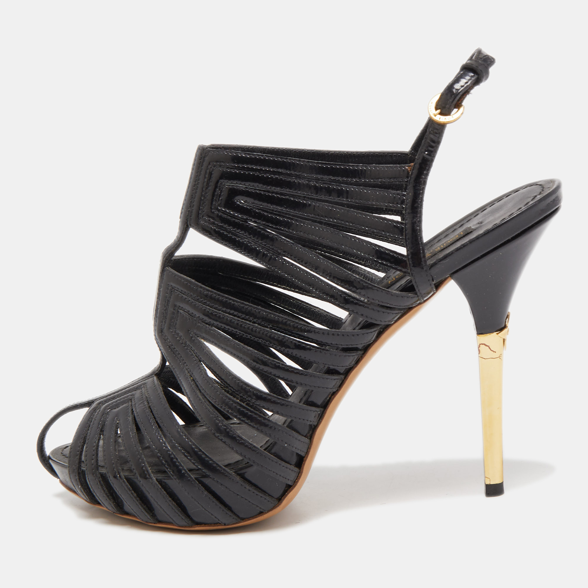 

Louis Vuitton Black Patent Leather Strappy Slingback Sandals Size