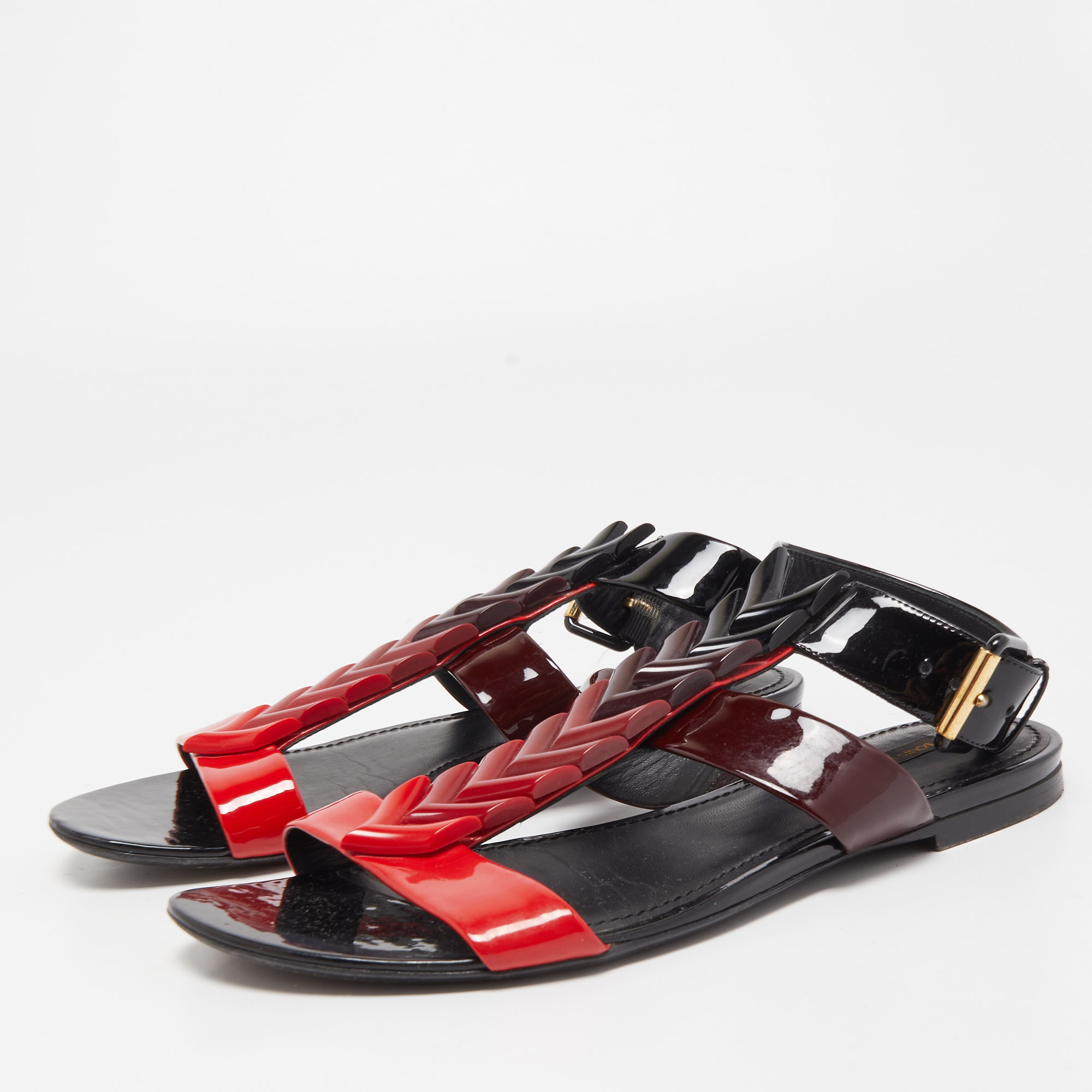 

Louis Vuitton Tricolor Patent Leather Ankle Cuff Flat Sandals Size, Red