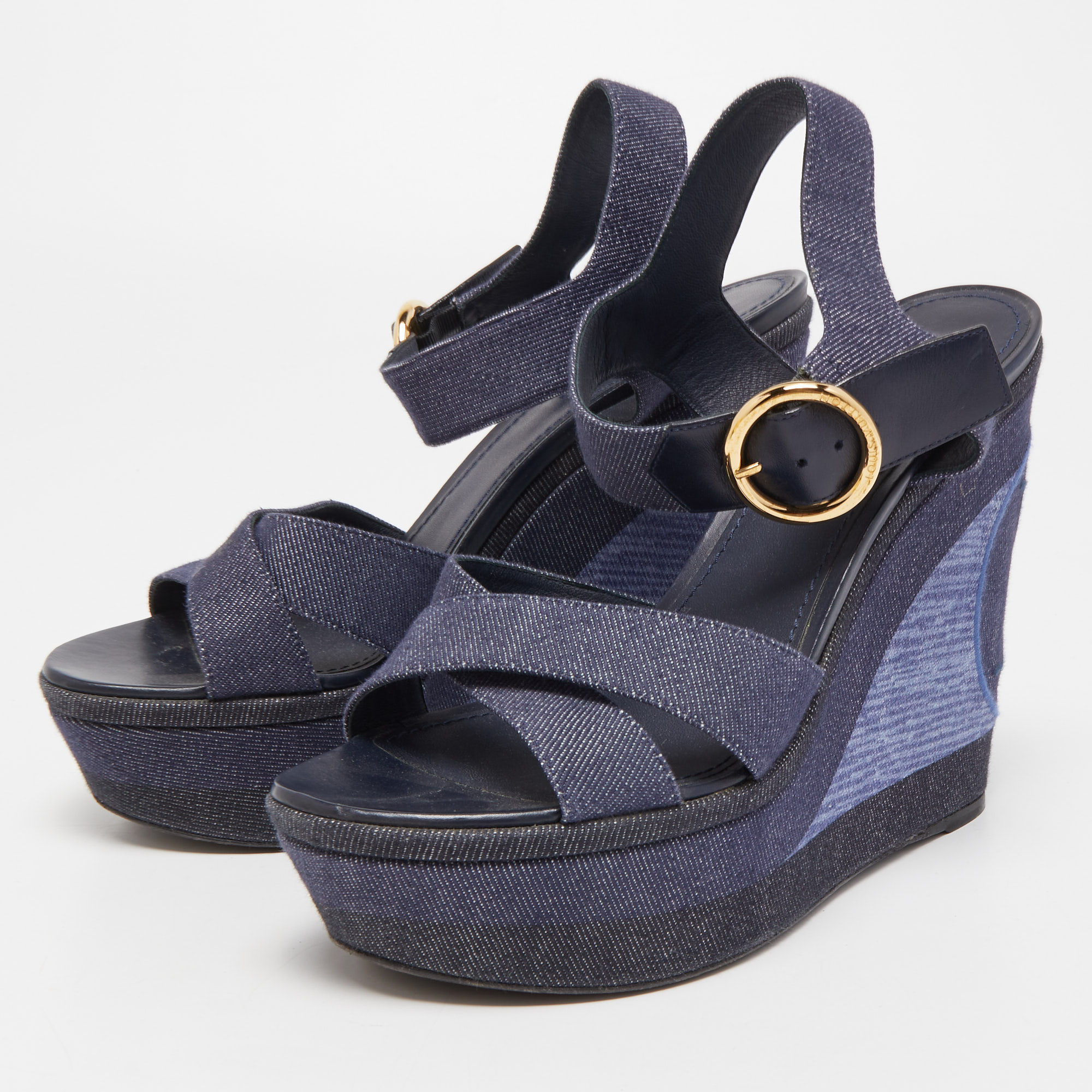 

Louis Vuitton Navy Blue Denim Wedge Platform Ankle Strap Sandals Size
