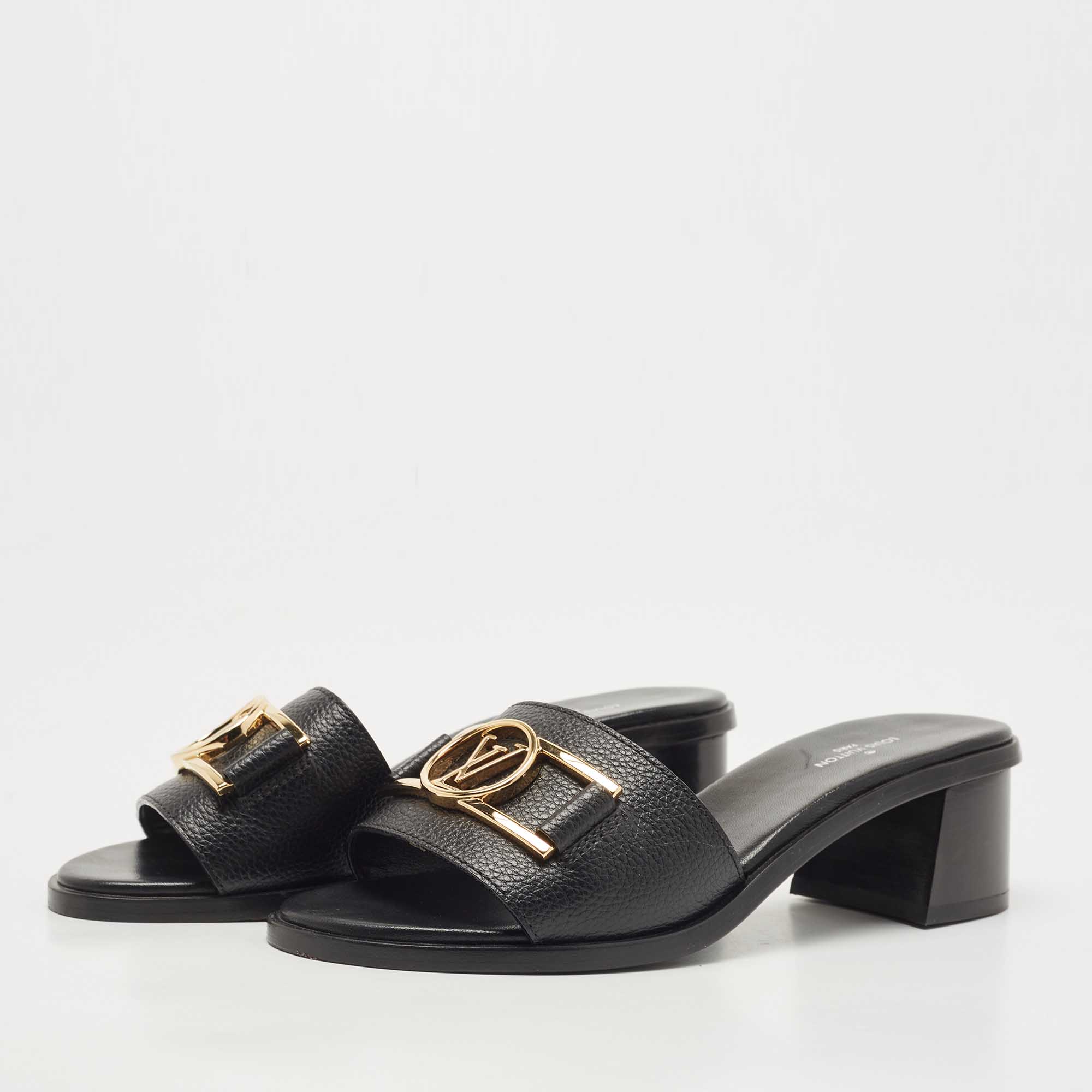 

Louis Vuitton Black Leather Lock It Slide Sandals Size