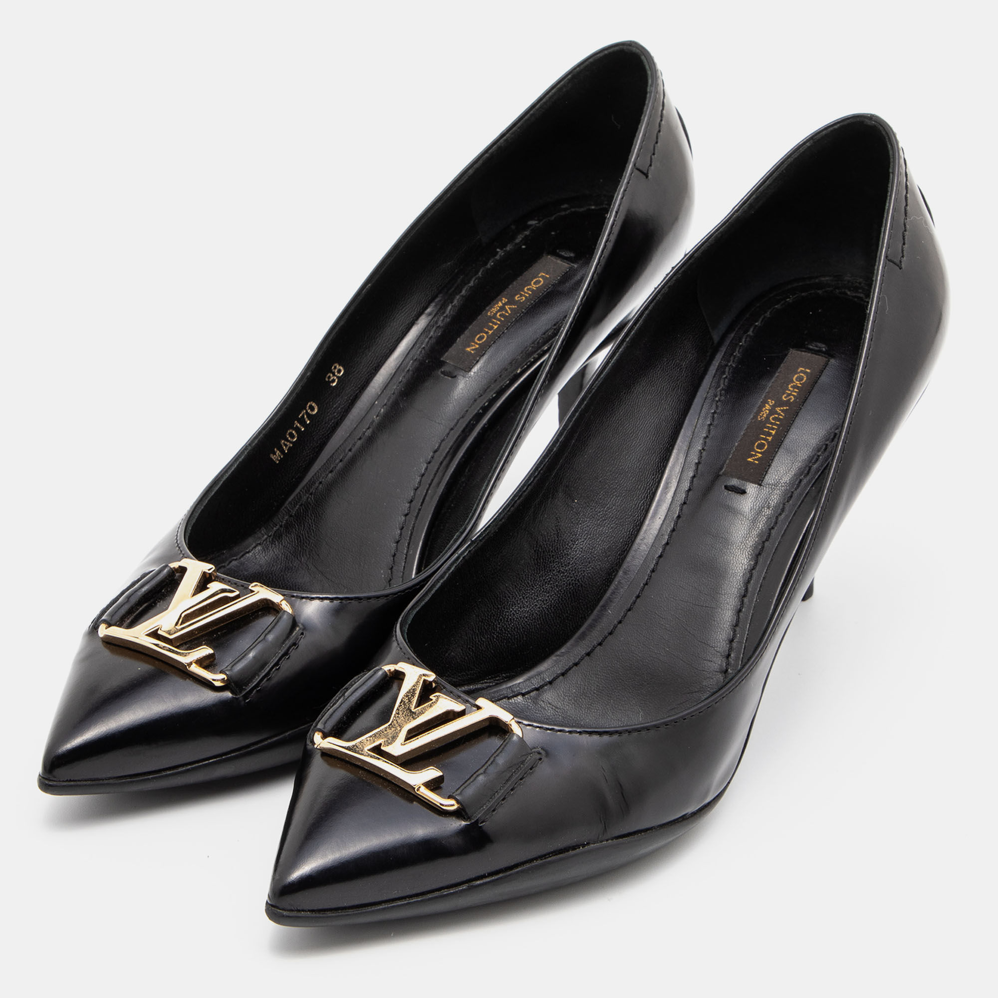 

Louis Vuitton Black Leather Logo Pointed Toe Pumps Size