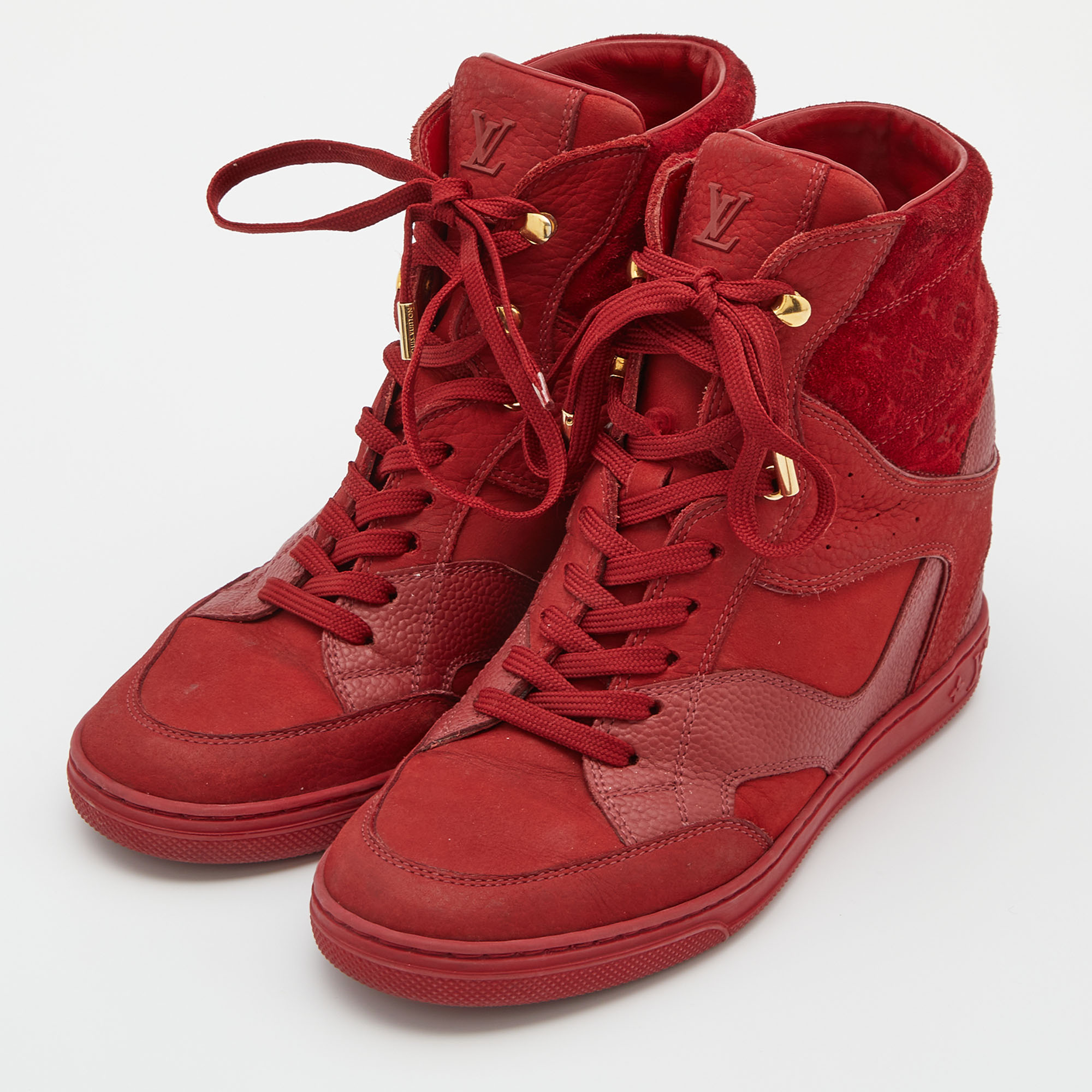 

Louis Vuitton Red Monogram Suede and Leather High Top Sneakers Size