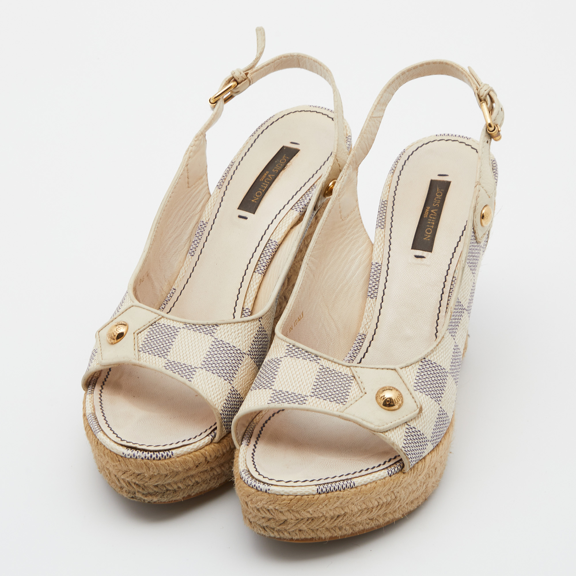 

Louis Vuitton White Damier Azur Canvas Espadrille Platform Wedge Sandals Size