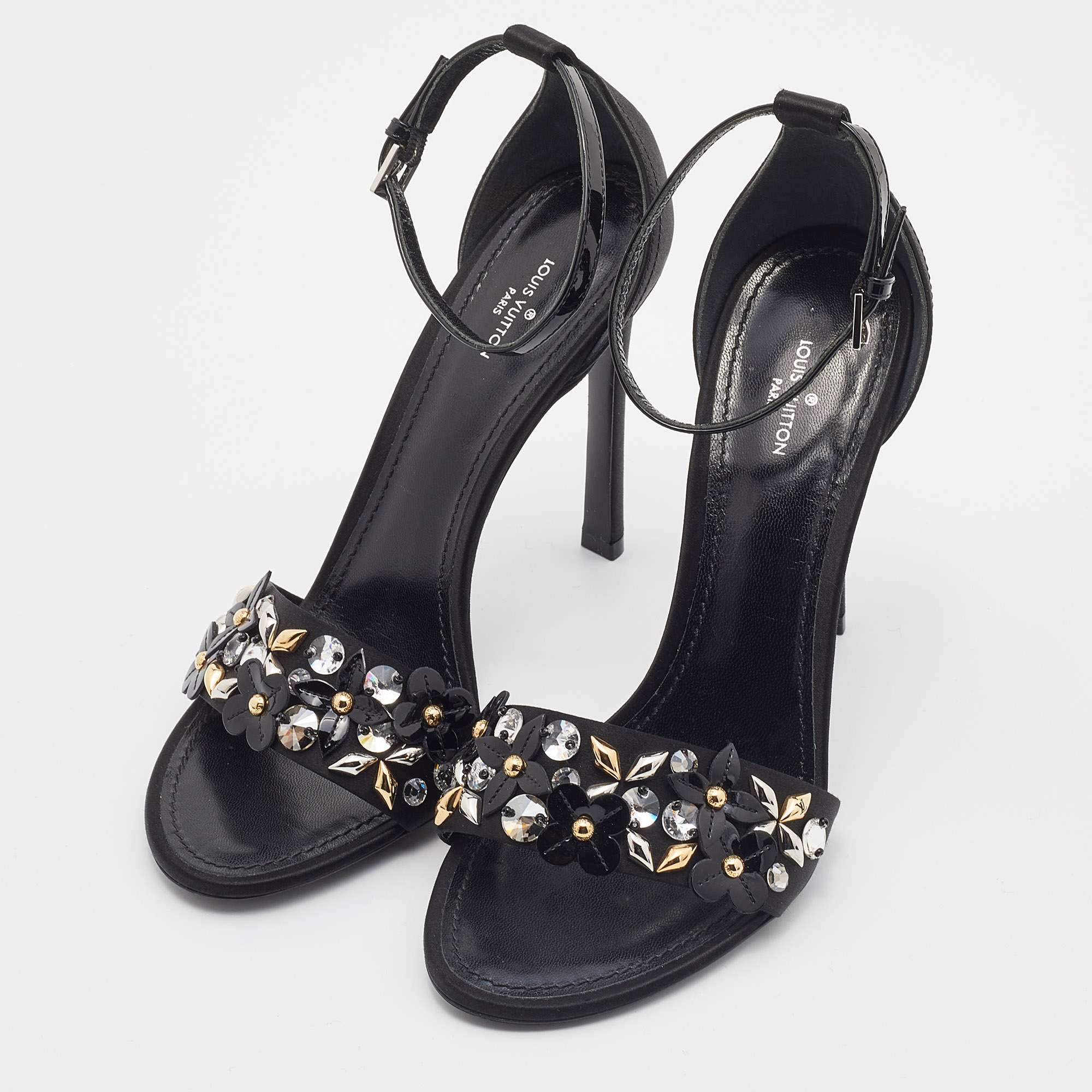 

Louis Vuitton Black Satin and Patent Leather Embellished Ankle Strap Sandals Size