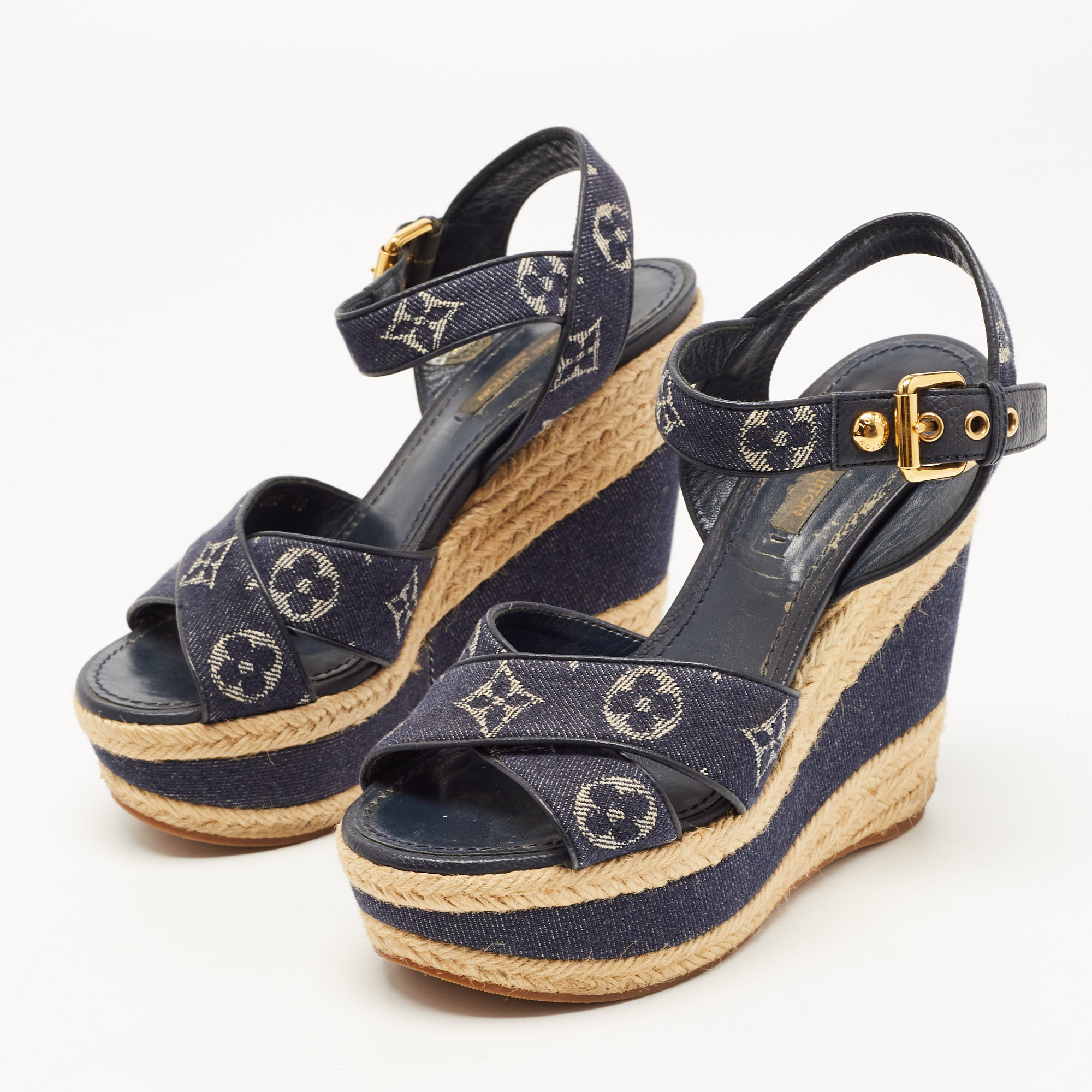 

Louis Vuitton Blue Denim Formentera Ankle Strap Platform Wedge Sandals Size