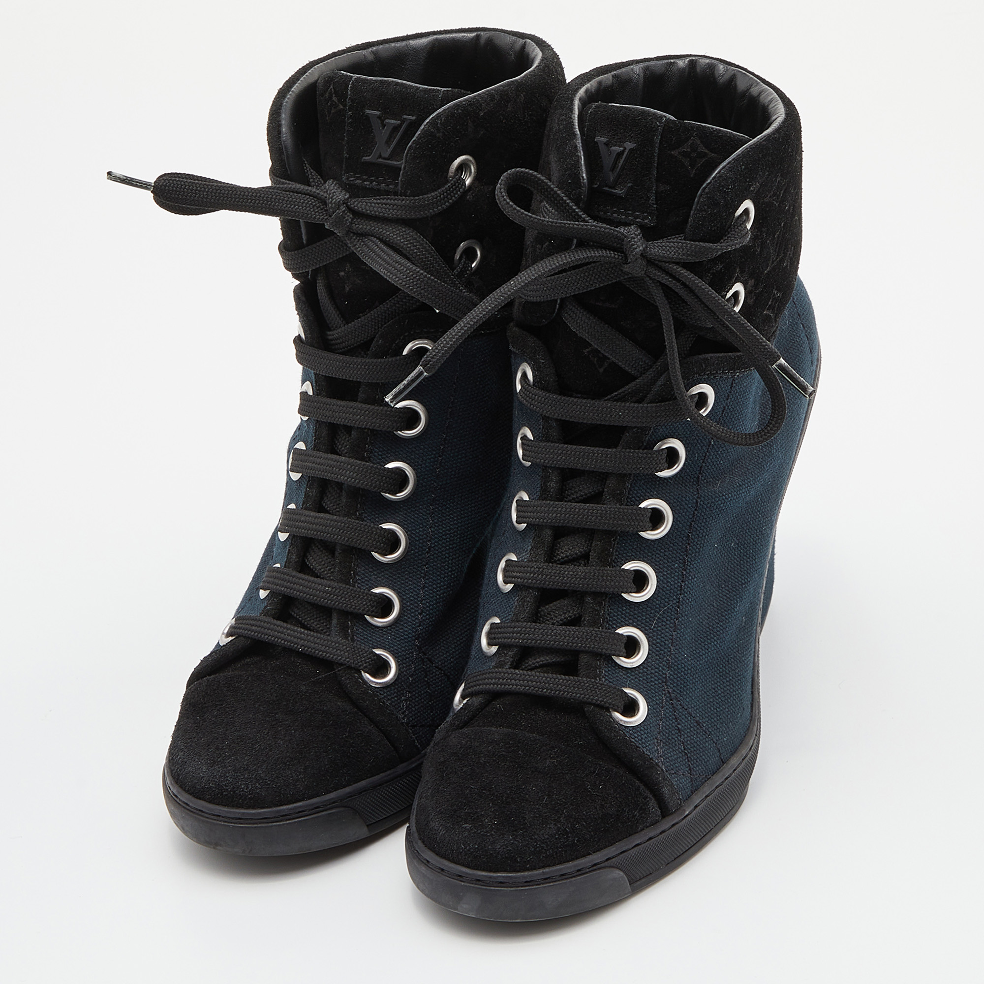 

Louis Vuitton Blue/Black Canvas and Monogram Suede Millenium Wedge Sneakers Size