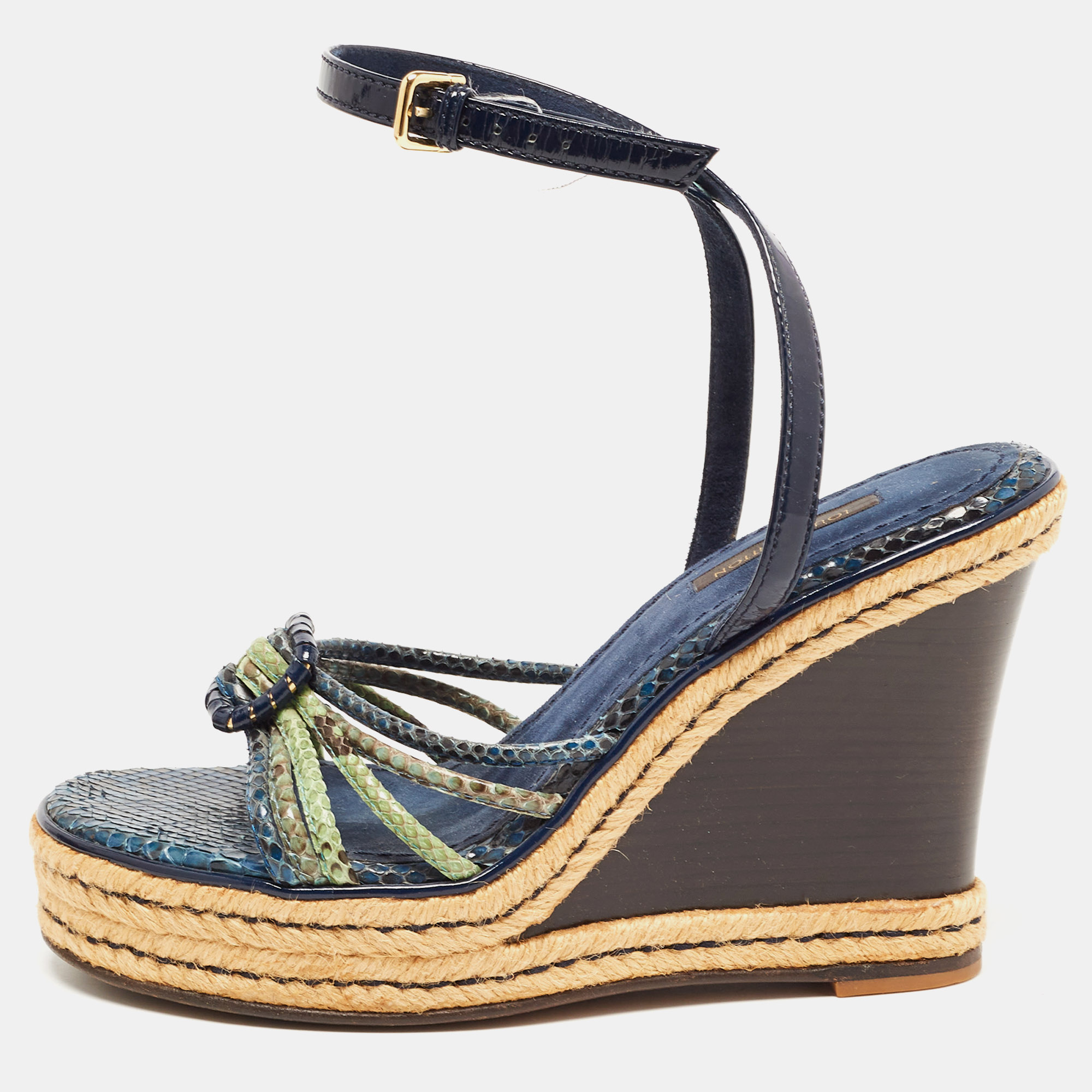 

Louis Vuitton Navy Blue/Green Snakeskin and Patent Leather Wedge Strappy Sandals Size