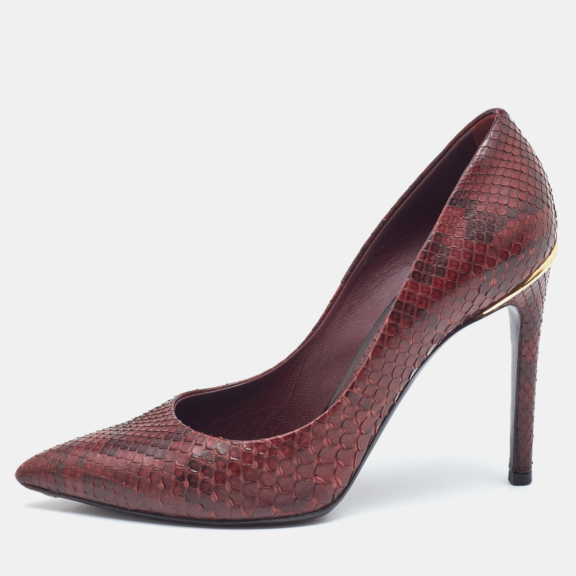 Pre-owned Louis Vuitton Burgundy Python Leather Slip On Pumps Size 34.5