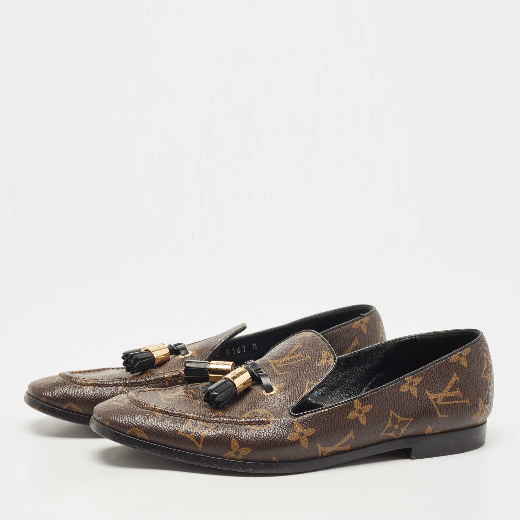 

Louis Vuitton Brown Monogram Coated Canvas Bow Society Loafers Size