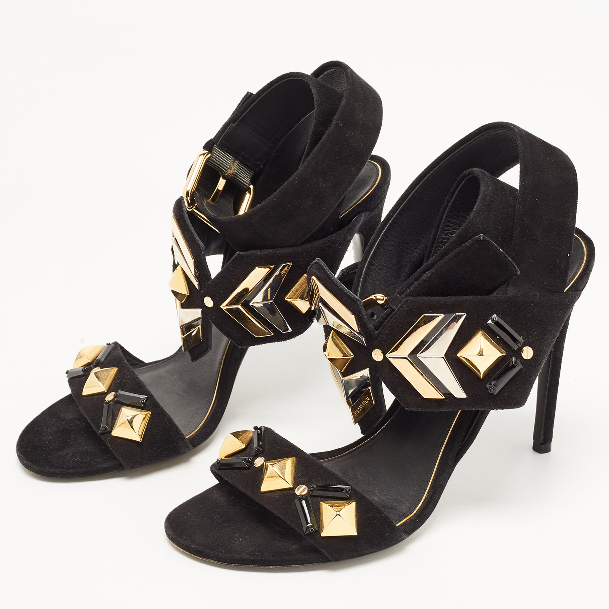 

Louis Vuitton Black Suede Embellished Slingback Sandals Size
