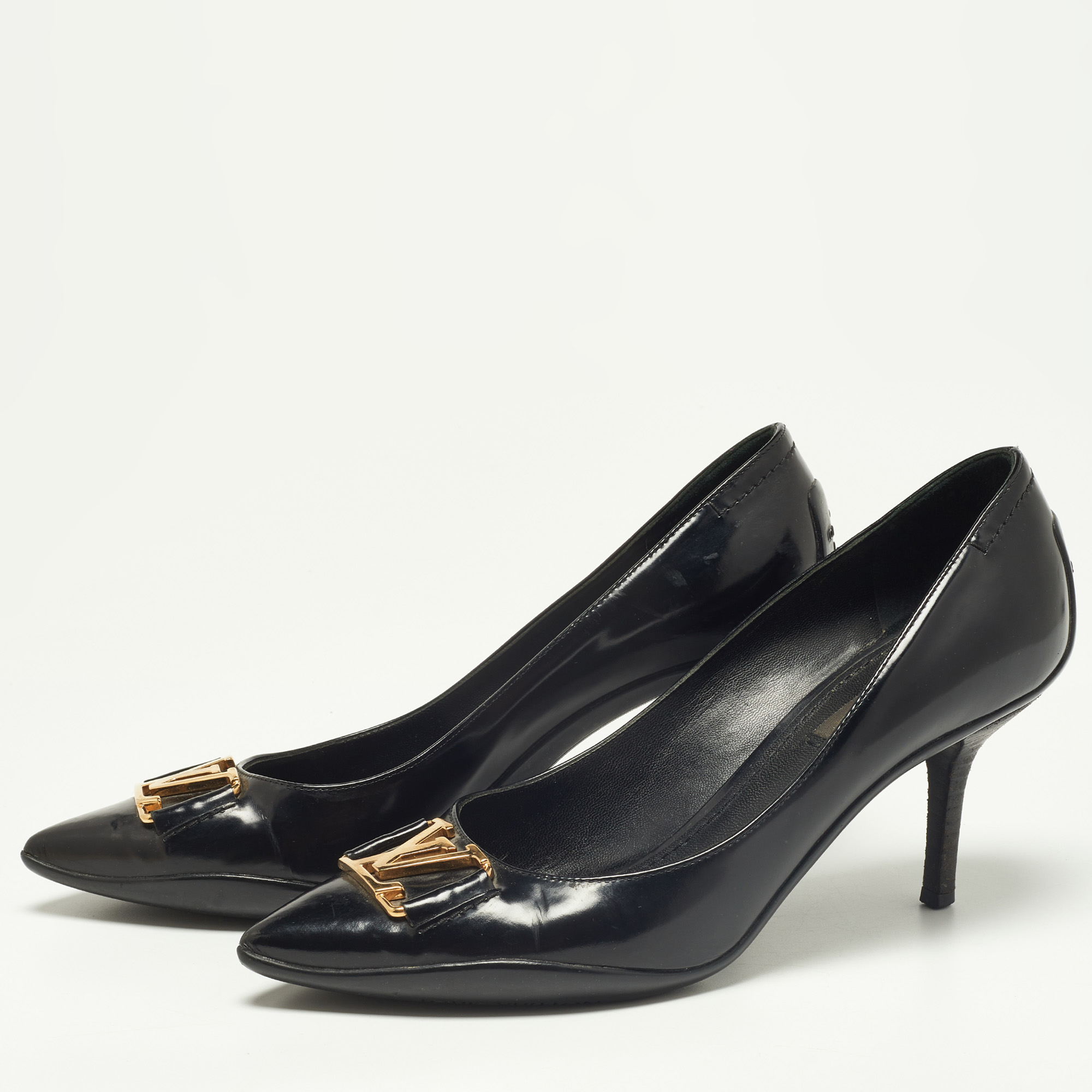 

Louis Vuitton Black Leather Logo Pointed Toe Pumps Size