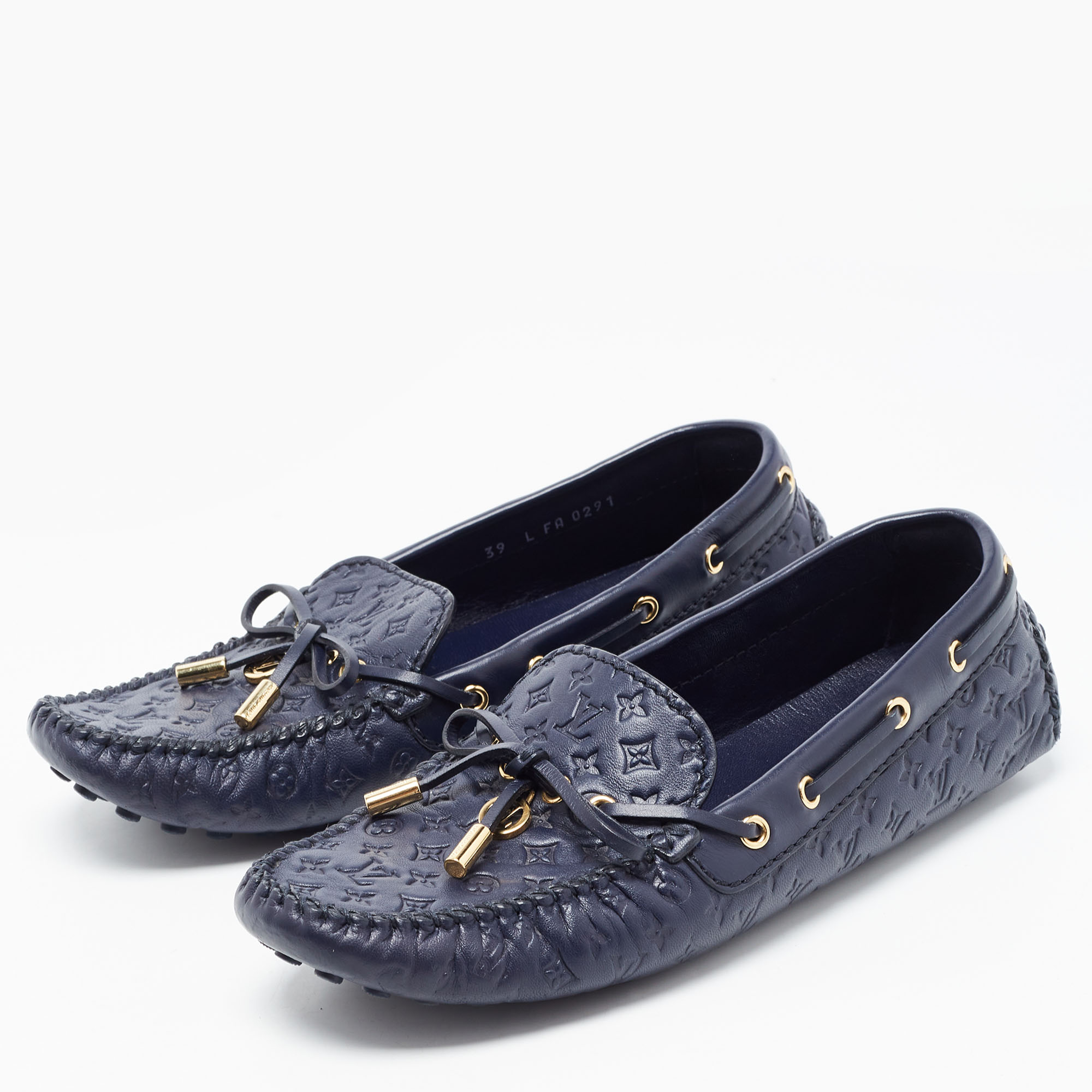 

Louis Vuitton Navy Blue Leather Gloria Bow Slip On Loafers Size