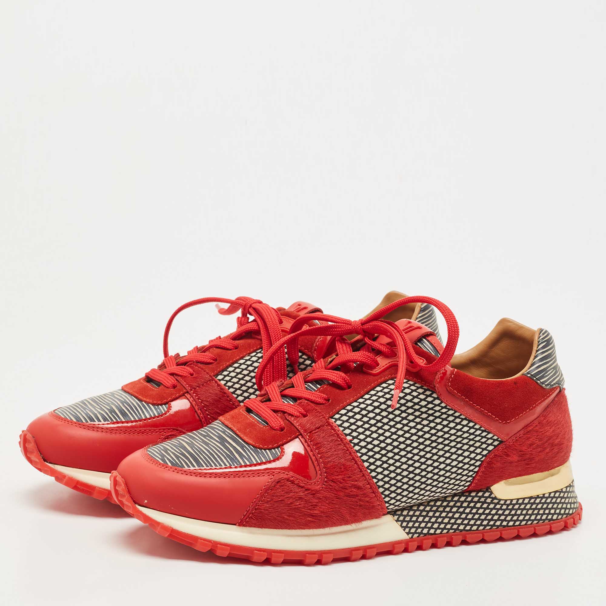 

Louis Vuitton Tricolor Leather, Calf Hair and Printed Fabric Run Away Sneakers Size, Red