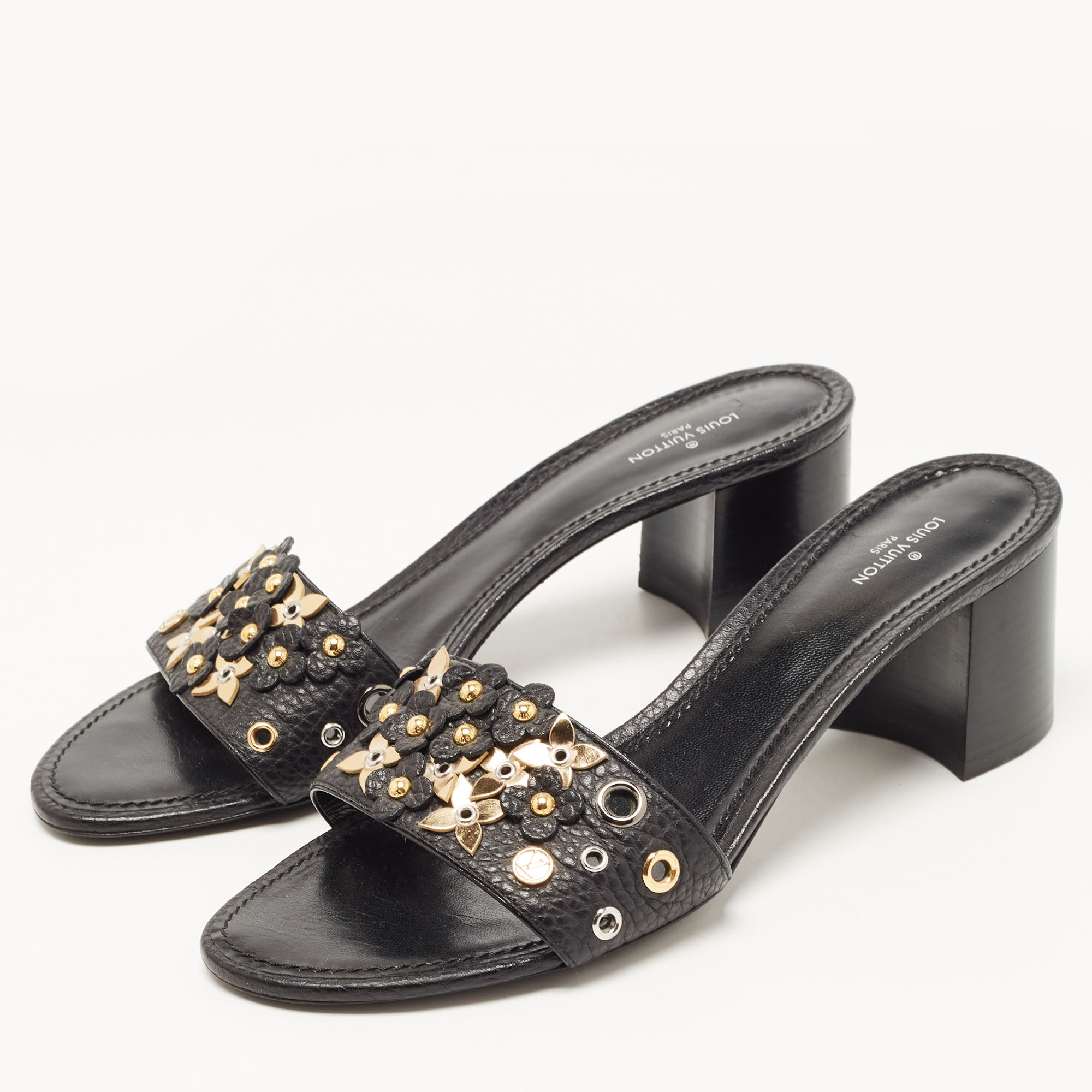 

Louis Vuitton Black Leather Embellished Applique Slide Sandals Size