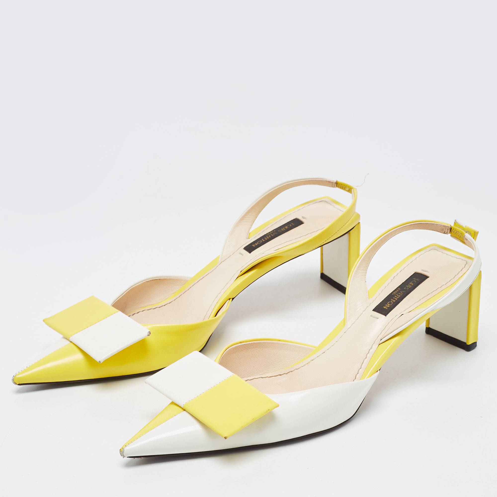 

Louis Vuitton Yellow/White Leather Bow Slingback Pumps Size