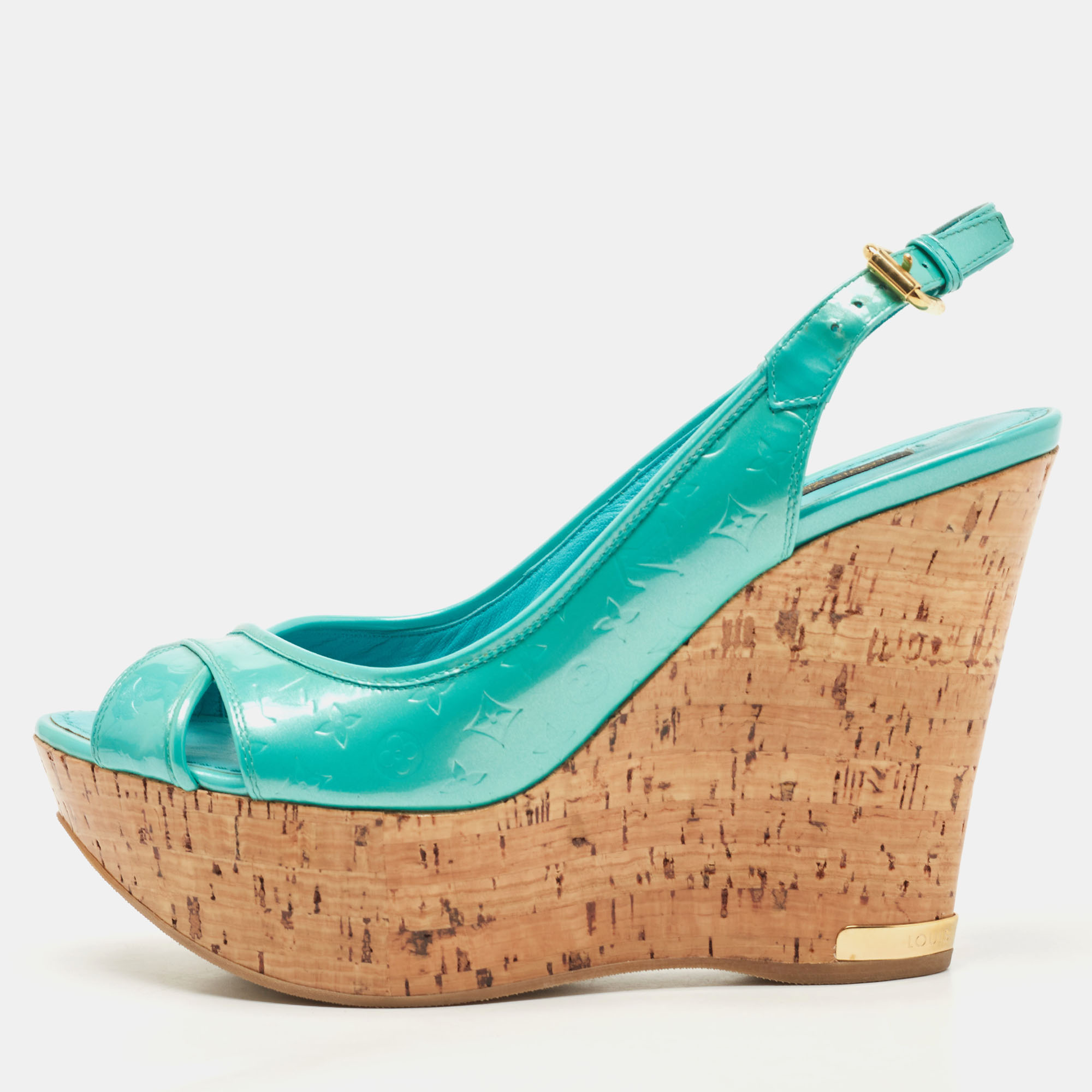 

Louis Vuitton Turquoise Monogram Embossed Patent Leather Cork Wedge Slingback Sandals Size, Blue