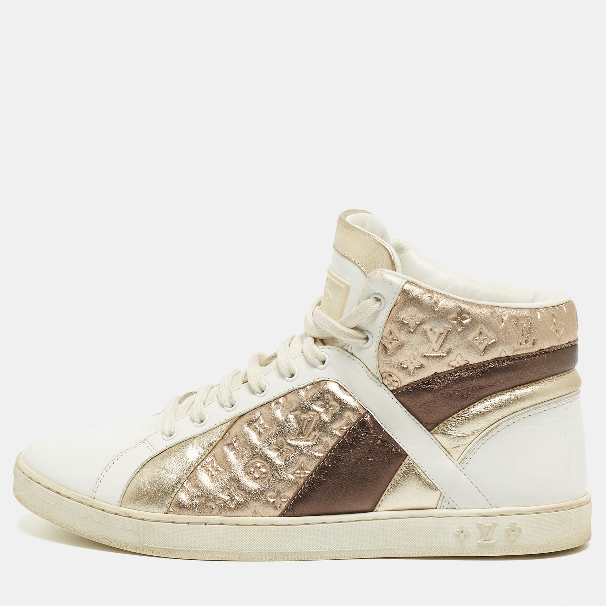 Pre-owned Louis Vuitton Metallic/white Leather And Canvas High Top Sneakers Size 38