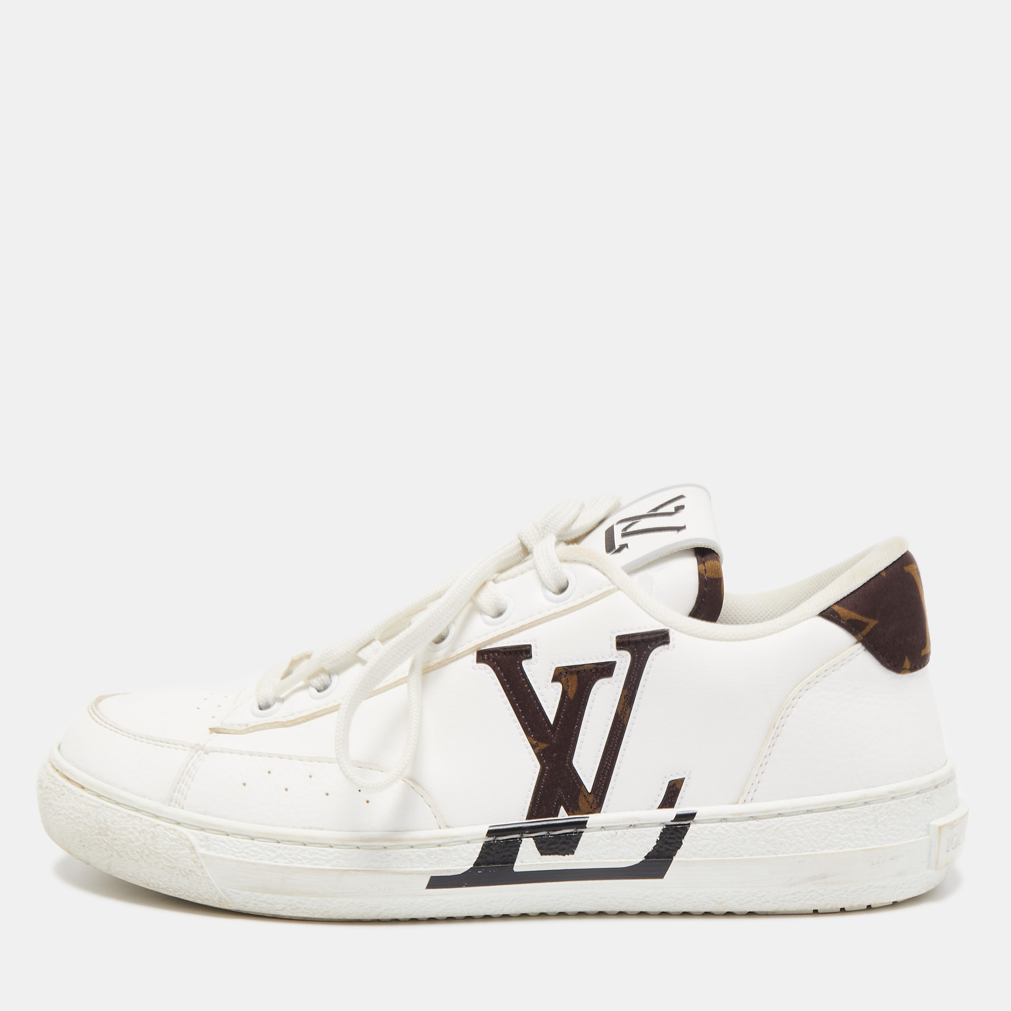 Pre-owned Louis Vuitton White Leather And Monogram Fabric Charlie Sneakers  Size 37.5