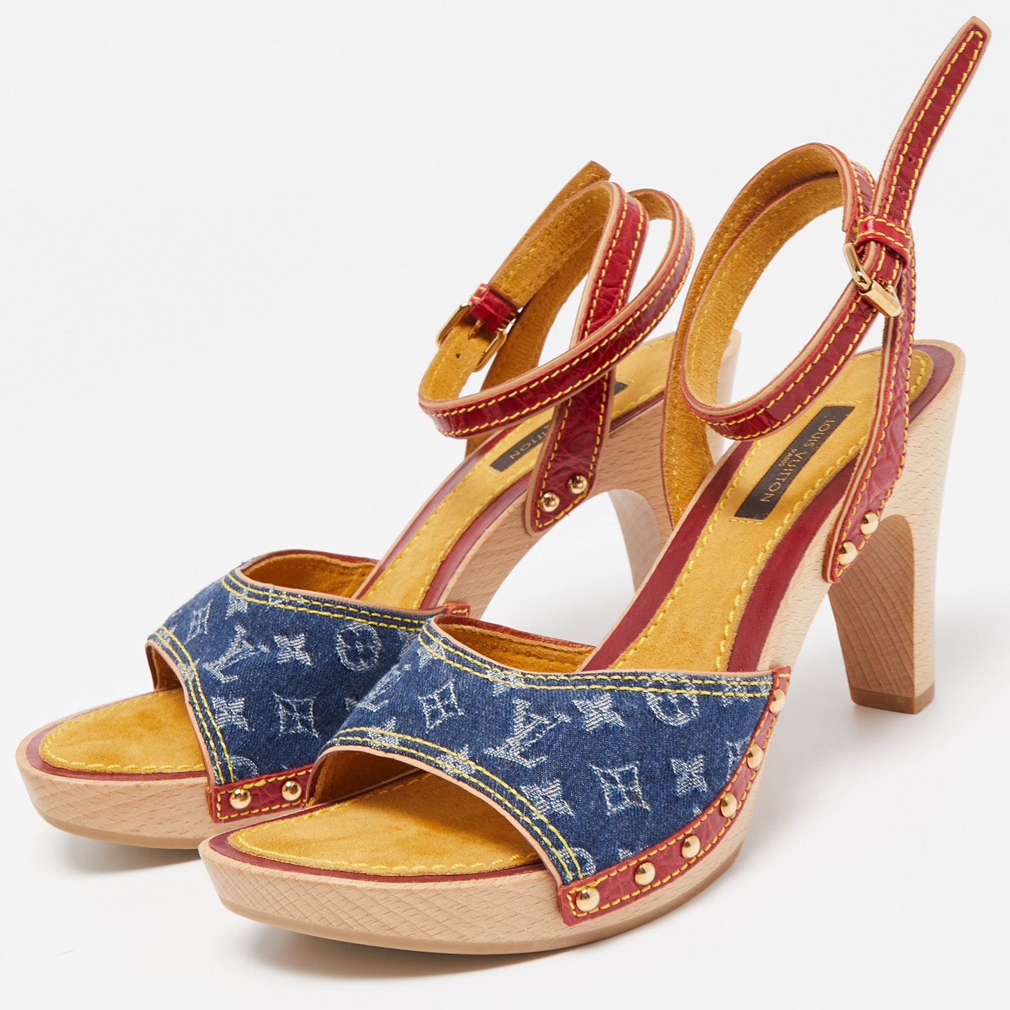 

Louis Vuitton Blue/Red Leather and Monogram Denim Ankle Strap Sandals Size