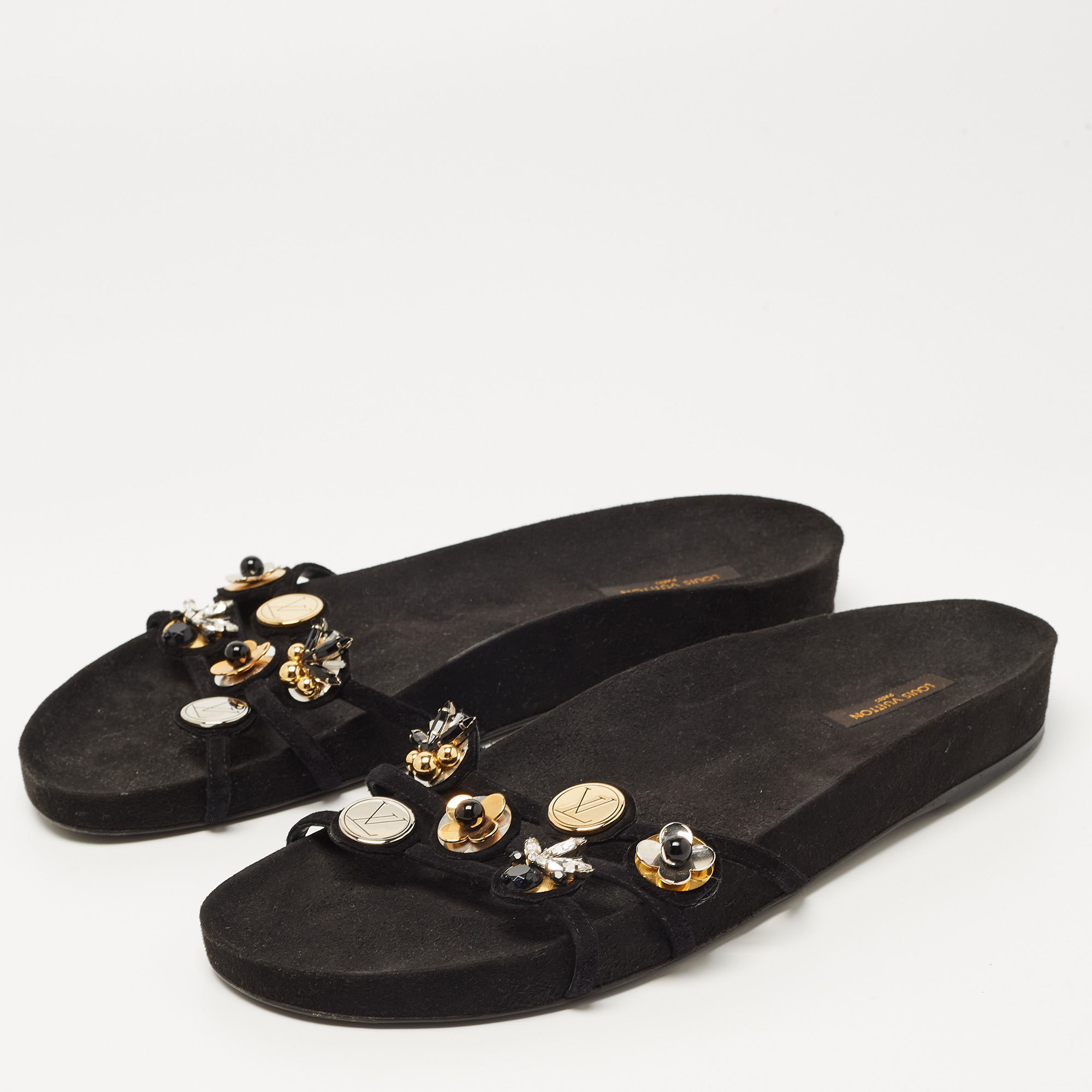 

Louis Vuitton Black Suede Embellished Slides Size