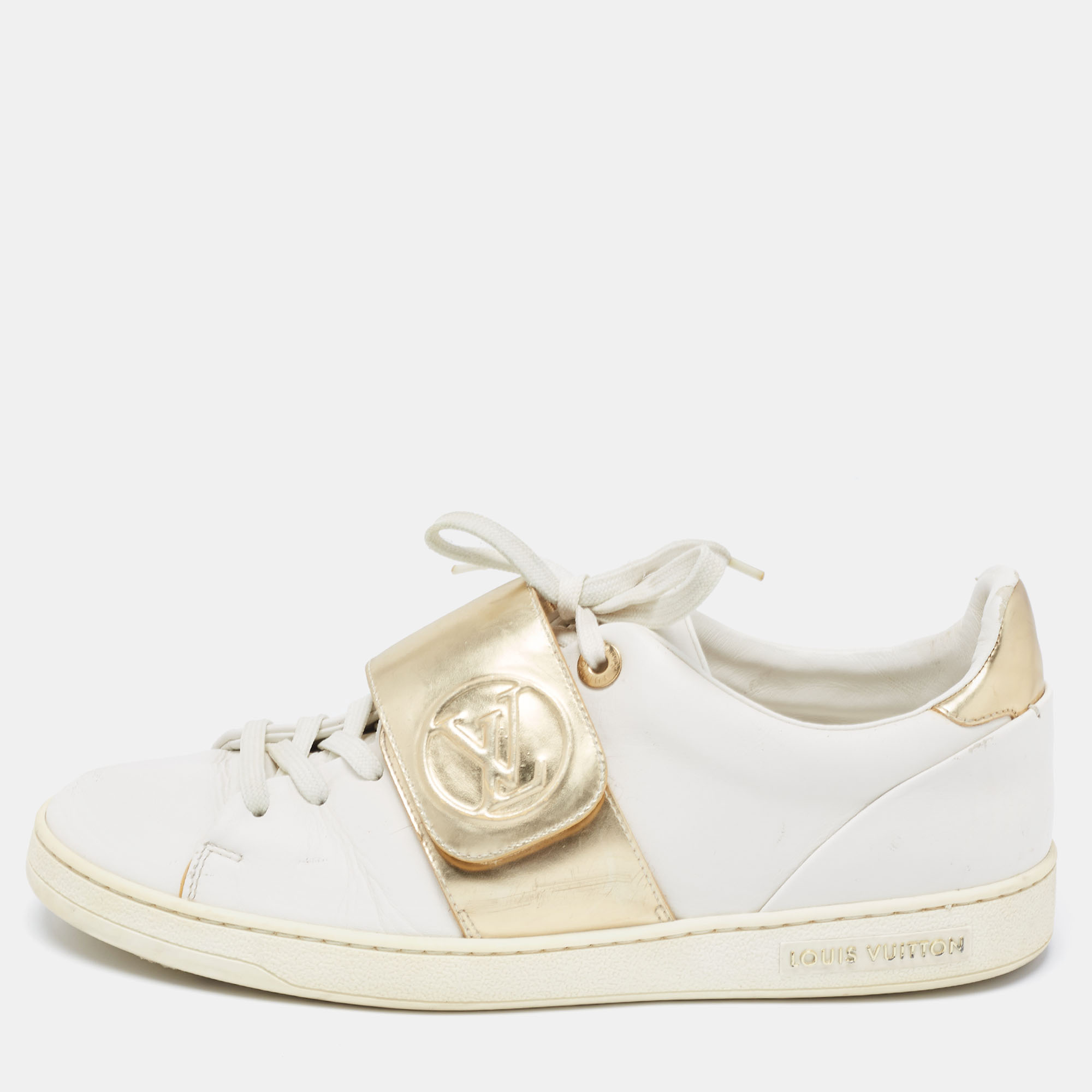 Pre-owned Louis Vuitton White/gold Leather Frontrow Sneakers Size 41