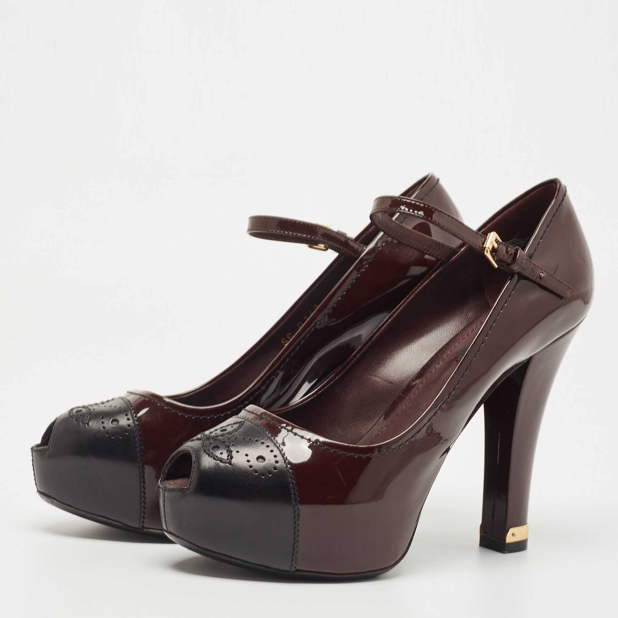 

Louis Vuitton Burgundy/Black Patent and Leather Peep Toe Mary Jane Pumps Size