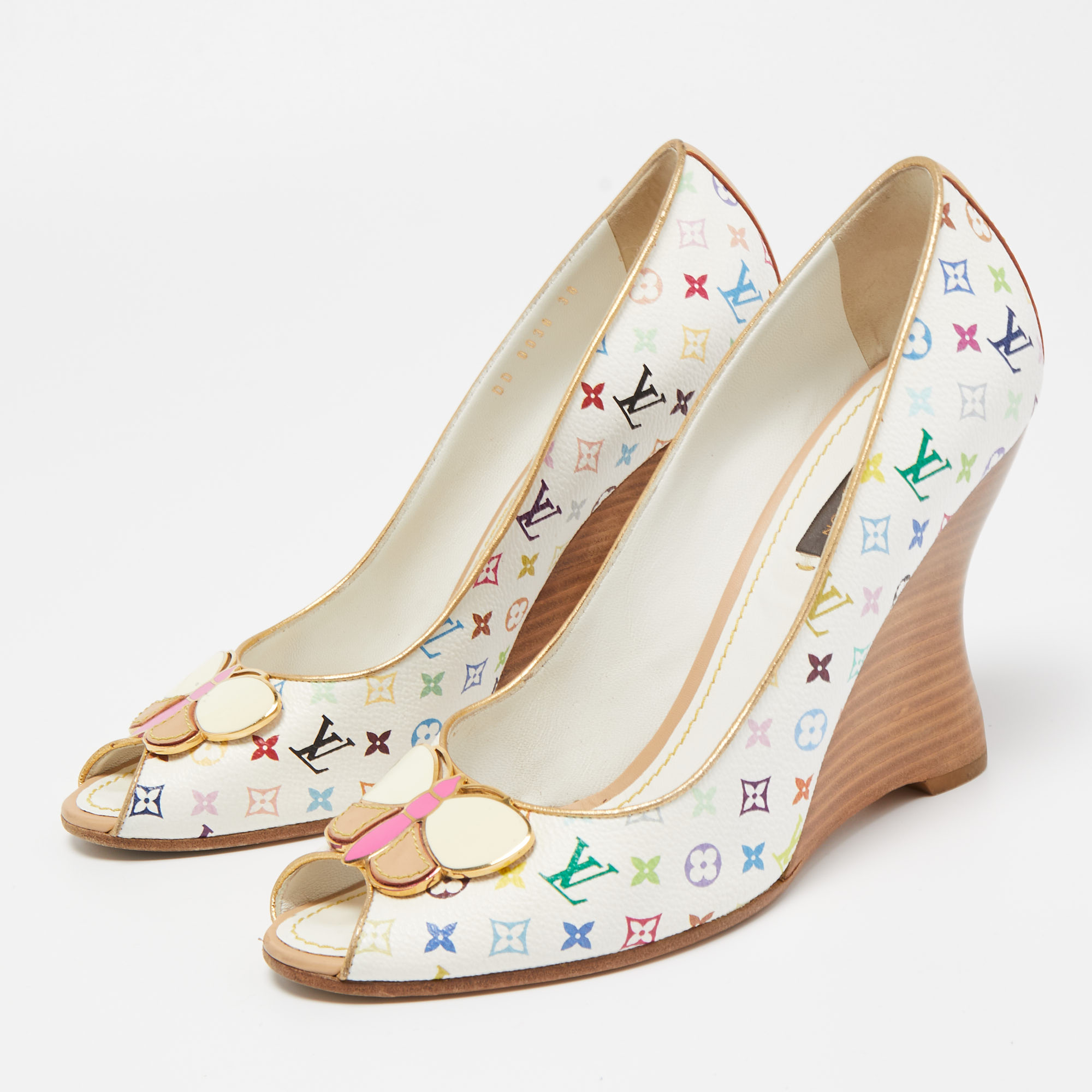 

Louis Vuitton Multicolor Leather Peep Toe Wedge Pumps Size, White