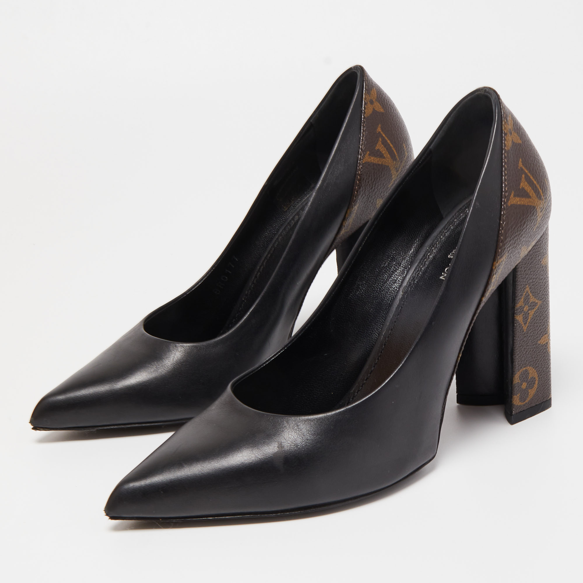 

Louis Vuitton Black/Brown Leather and Monogram Canvas Pointed Toe Block Heel Pumps Size