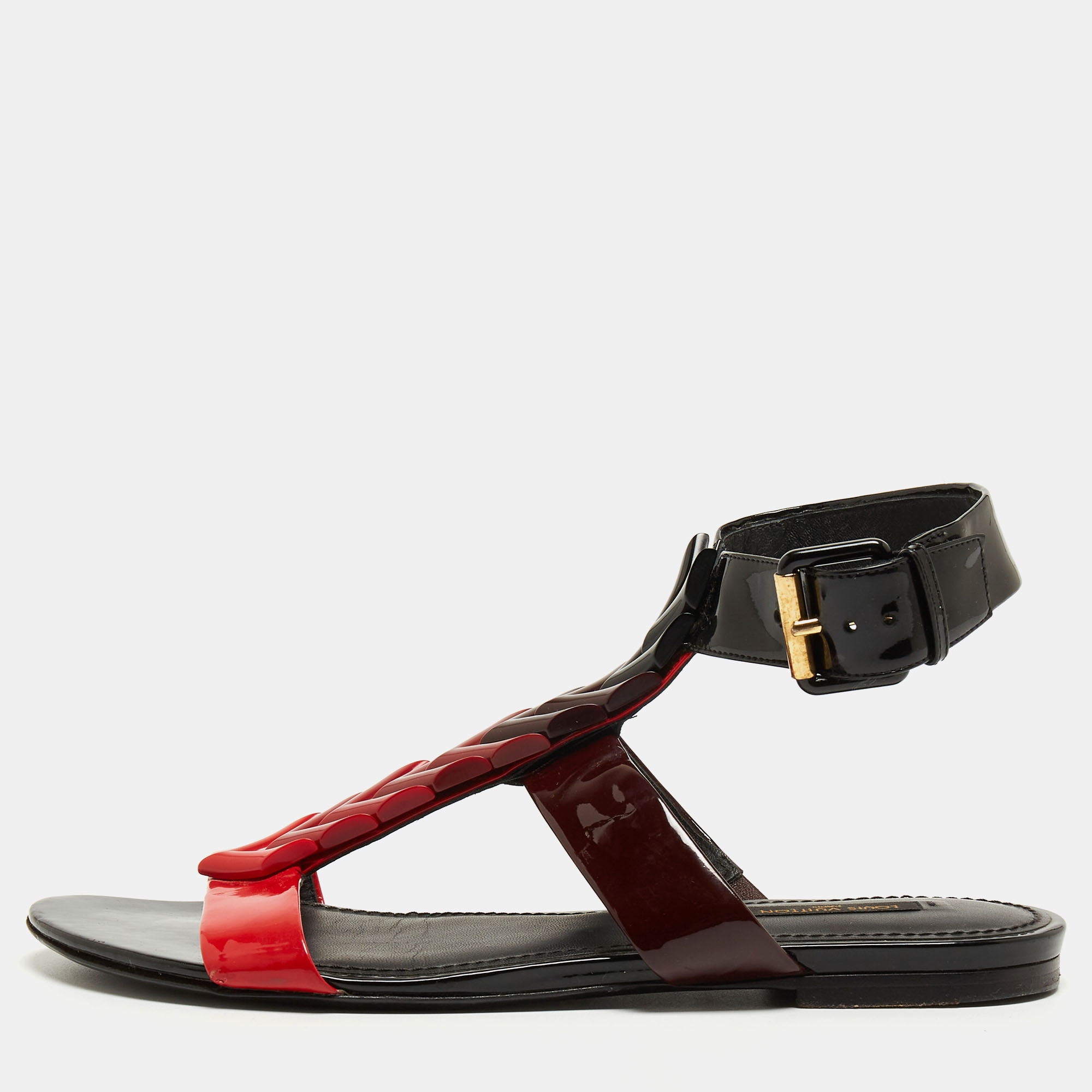 Pre-owned Louis Vuitton Red/black Ombre Patent Leather Flat Sandals Size 39