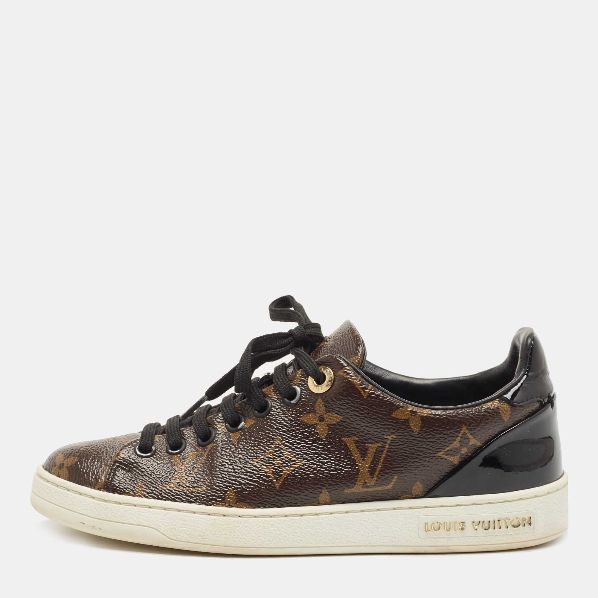 Pre-owned Louis Vuitton Brown/black Monogram Canvas And Patent Leather Frontrow Sneakers Size 35