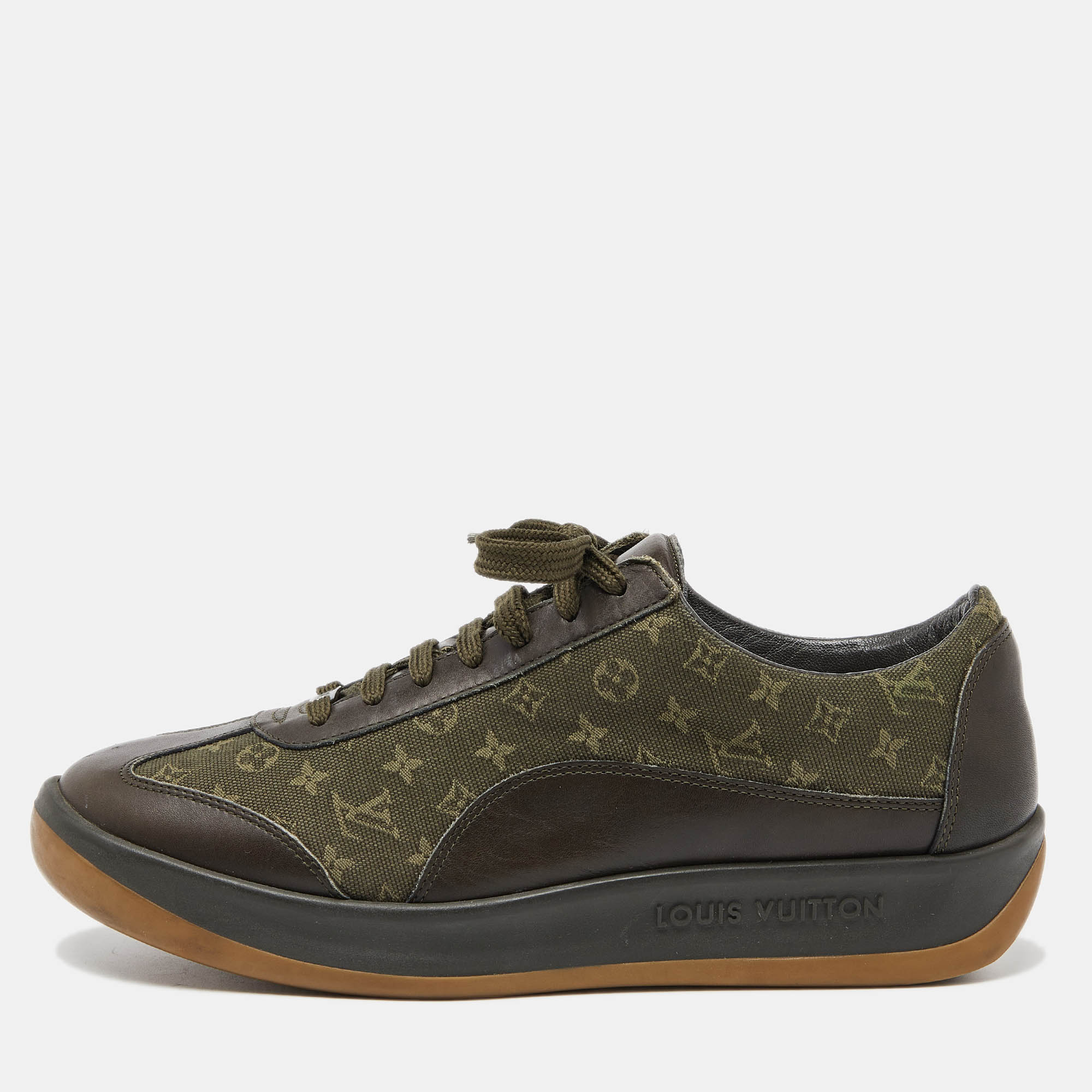 Pre-owned Louis Vuitton Army Green Leather And Monogram Canvas Mini Lin Sneakers Size 40.5