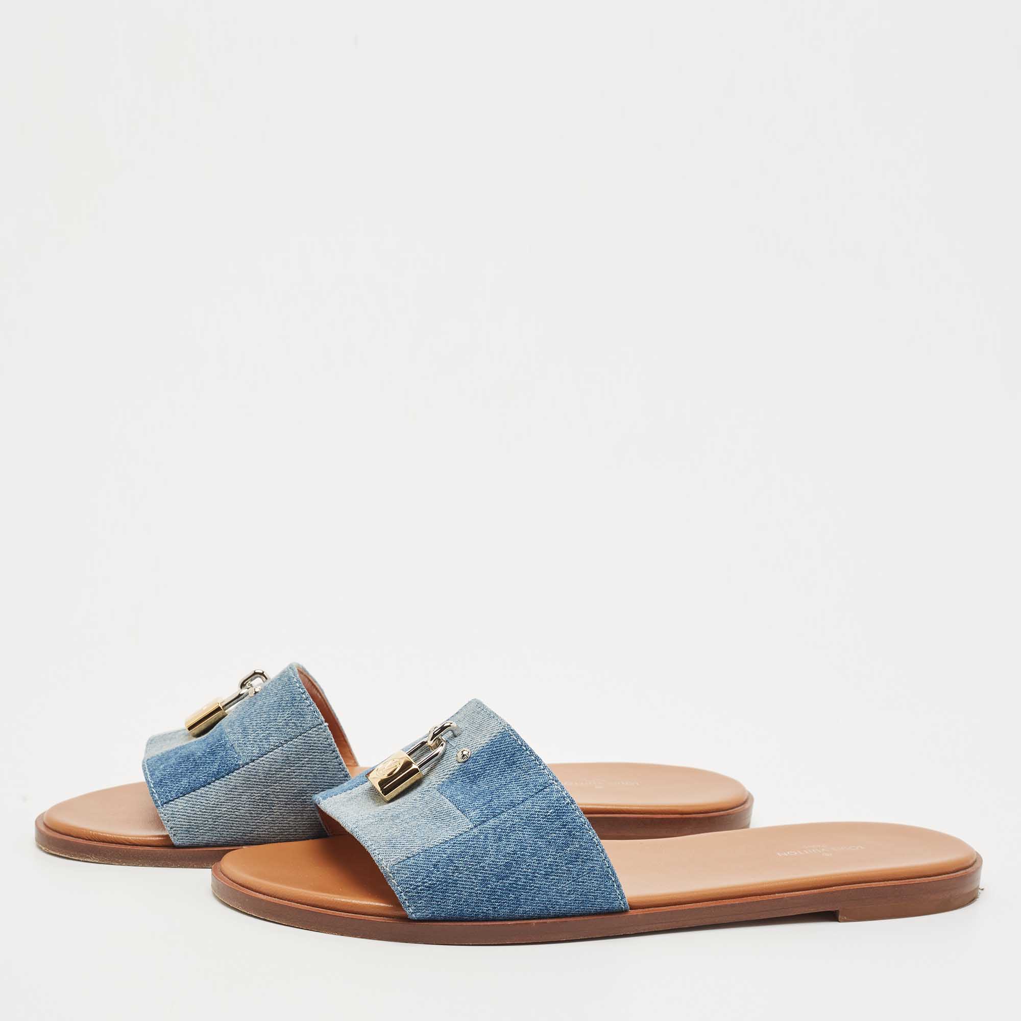 

Louis Vuitton Blue Denim and Leather Lock It Slide Flats Size