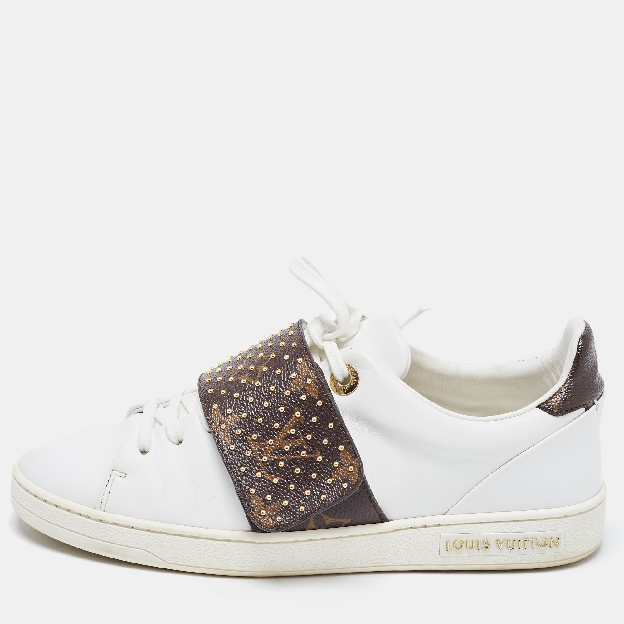 Pre-owned Louis Vuitton White/brown Monogram Leather And Canvas Frontrow Sneakers Size 36