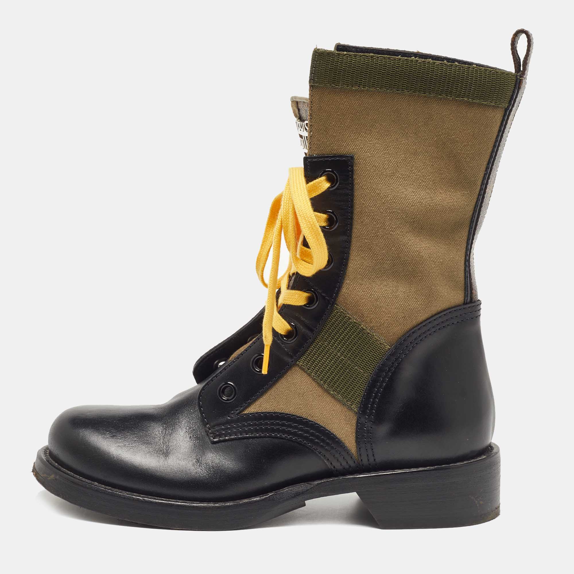 Pre-owned Louis Vuitton Green/black Canvas And Leather Midcalf Boots Size 38.5