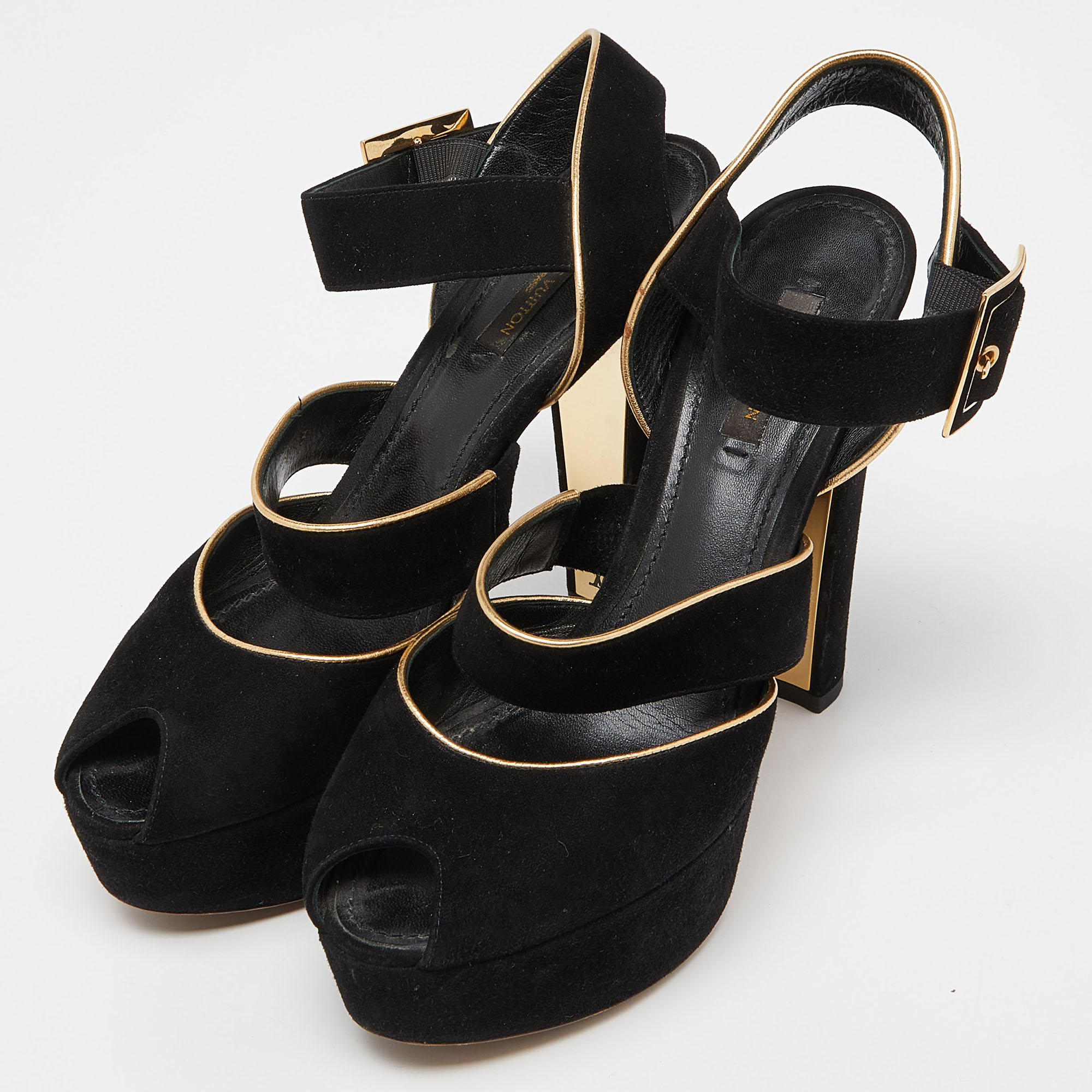 

Louis Vuitton Black Suede Mowani Platform Ankle-Strap Sandals Size