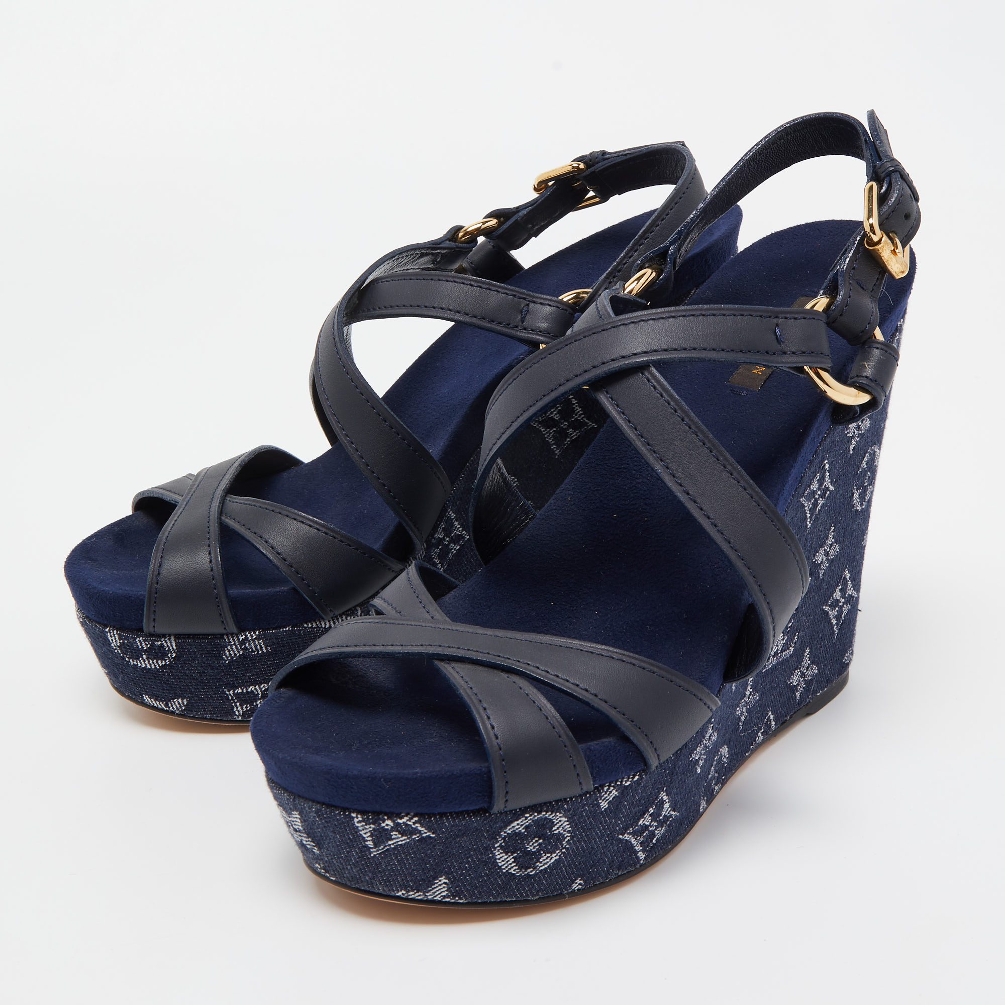 

Louis Vuitton Blue Denim And Leather Ocean Criss Cross Wedge Sandals Size