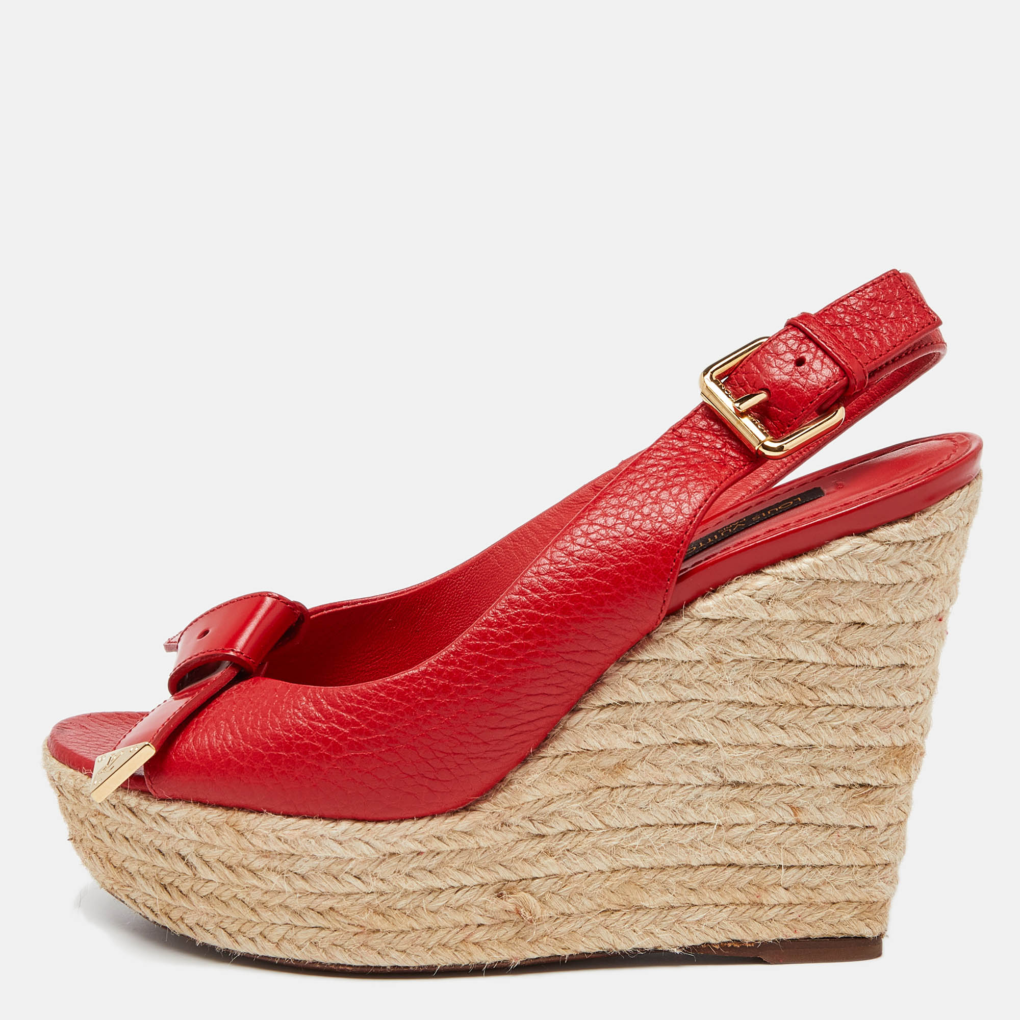 Pre-owned Louis Vuitton Red Leather Bow Open Toe Espadrille Wedge Platform Pumps Size 37