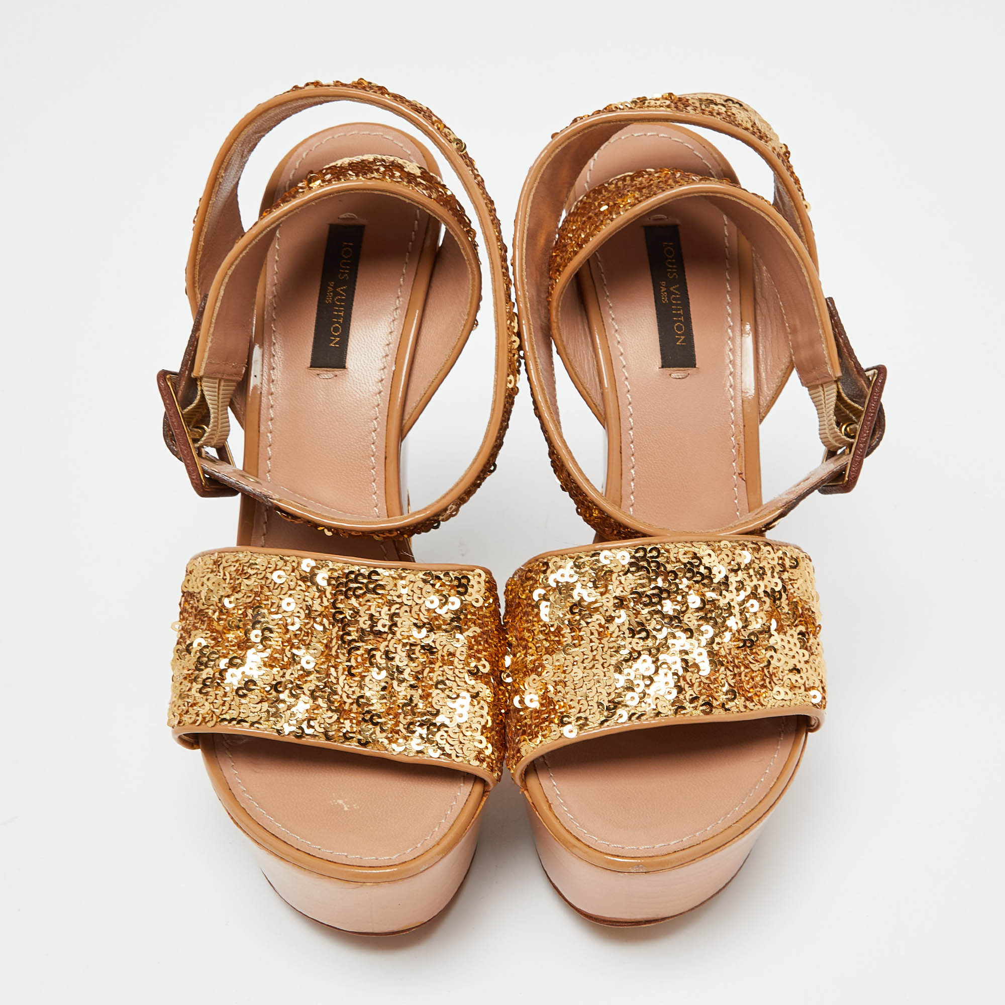 Louis Vuitton Gold Sequins Platform Wedge Ankle Wrap Sandals Size 38