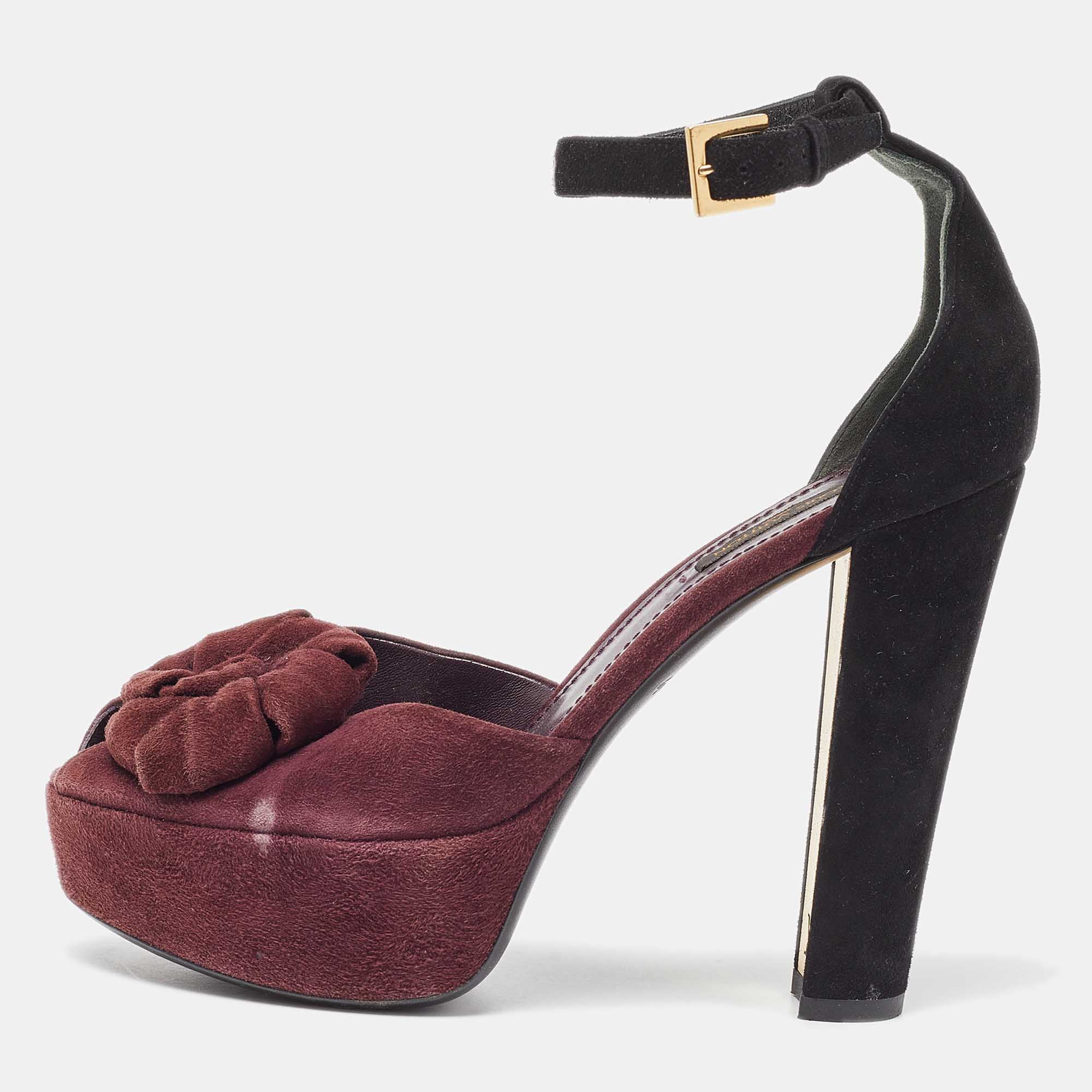 Pre-owned Louis Vuitton Burgundy/black Suede Flower Peep Toe Platform Ankle Strap Sandals Size 37.5