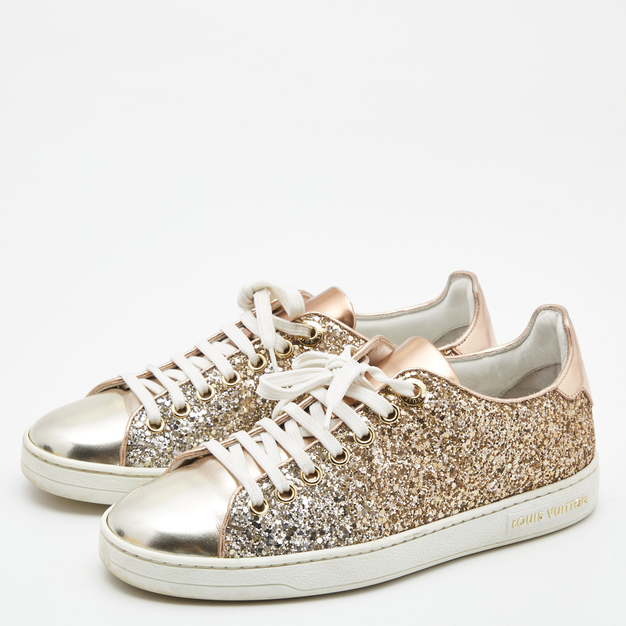 

Louis Vuitton Two Tone Leather and Coarse Glitter Frontrow Sneakers Size, Gold