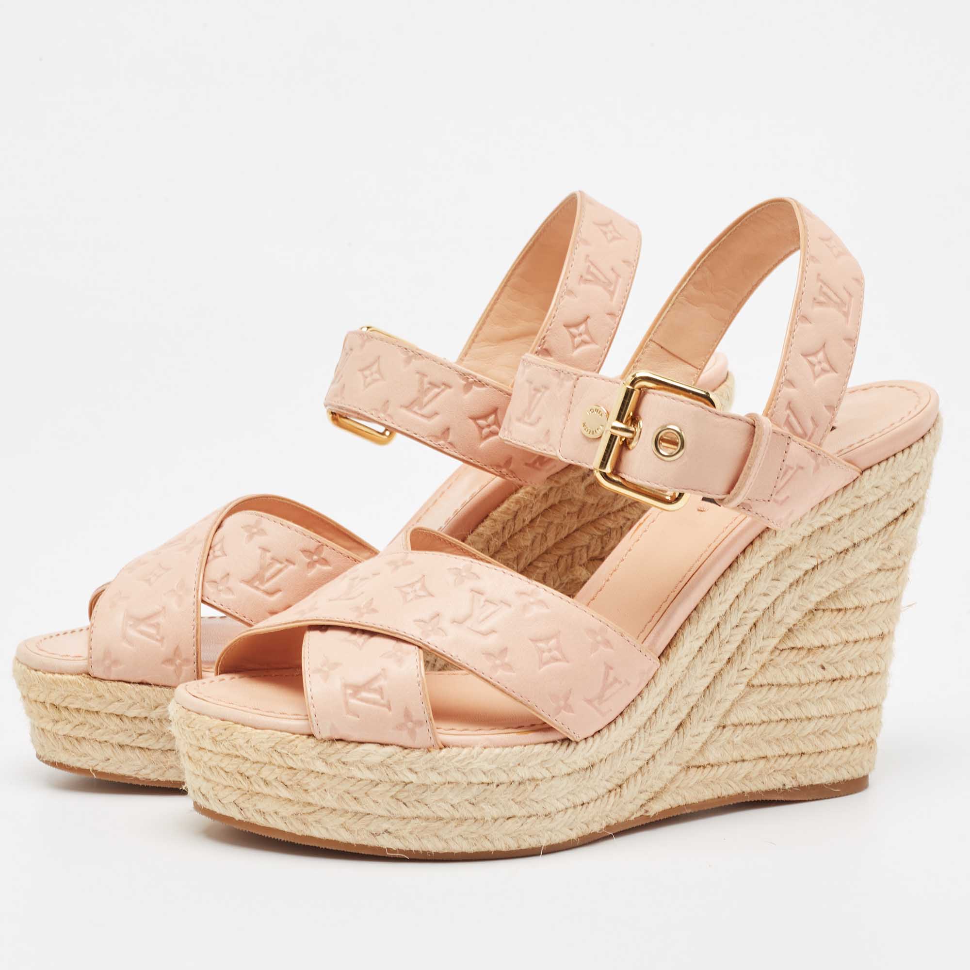 

Louis Vuitton Beige Monogram Denim Formentera Espadrilles Wedge Sandals Size