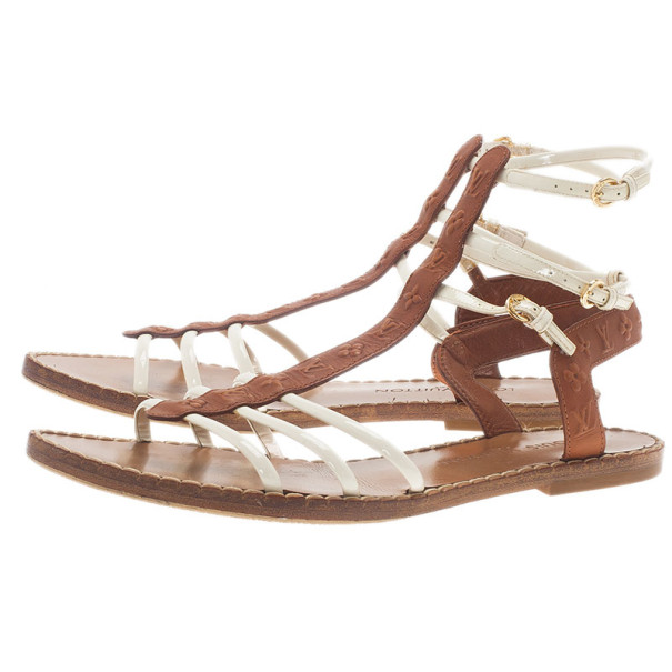 Louis Vuitton Brown Embossed Leather Key West Ankle Strap Flat Sandals Size  8.5/39 - Yoogi's Closet