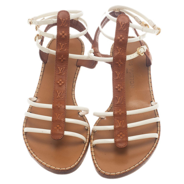 Louis Vuitton Brown Embossed Leather Key West Ankle Strap Flat Sandals Size  8.5/39 - Yoogi's Closet