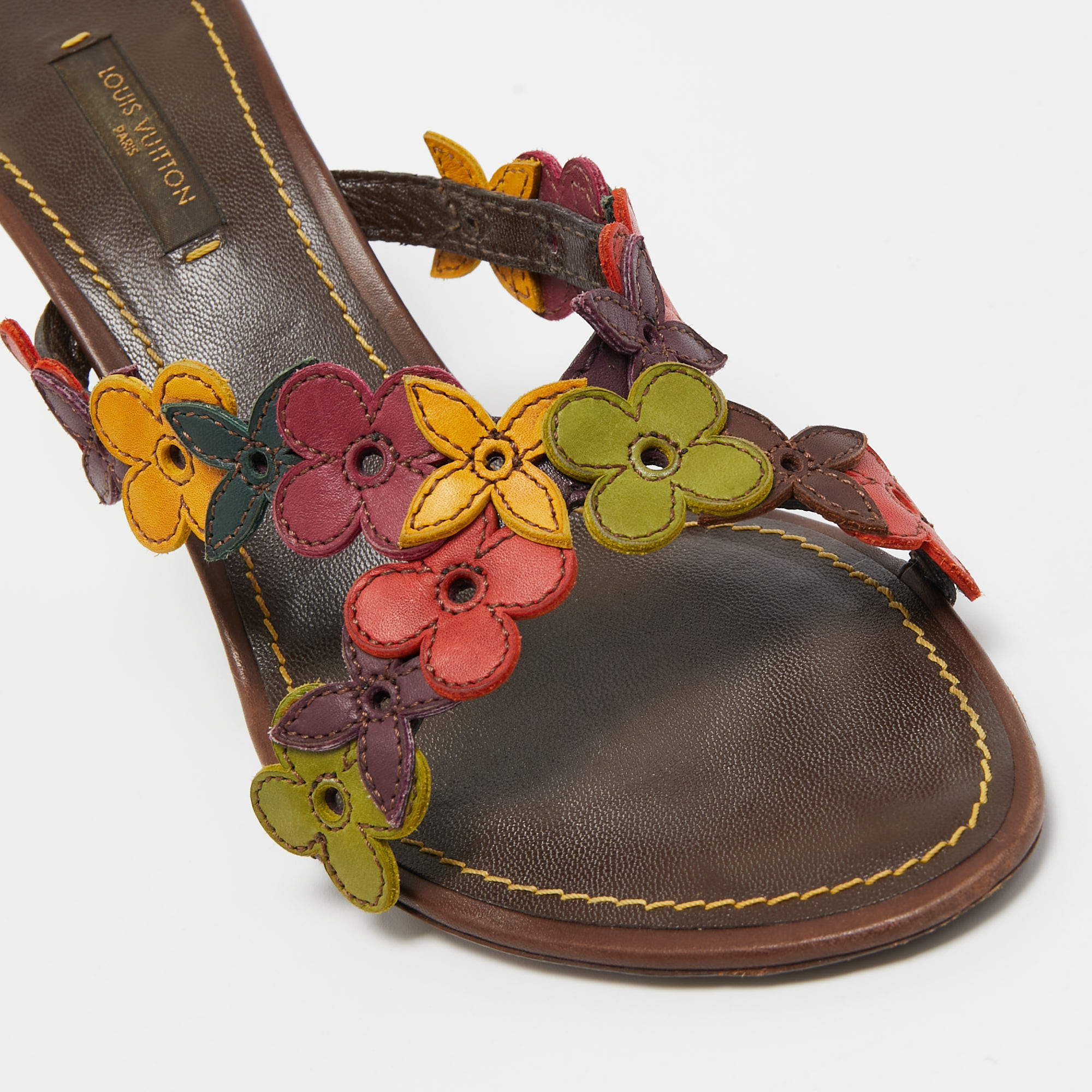 Louis Vuitton Multicolor Leather Flower Embellished Slide Sandals Size 37.5 