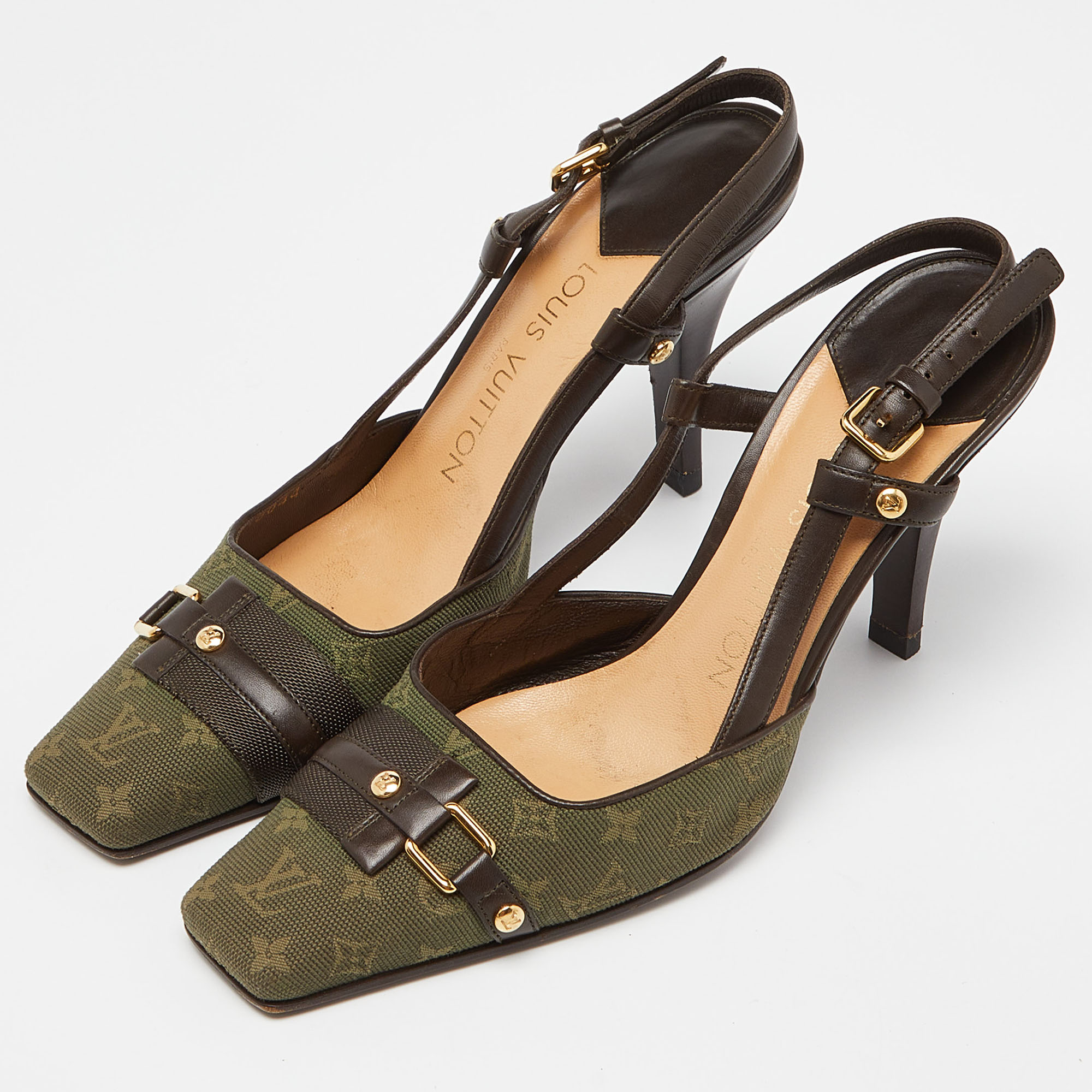 

Louis Vuitton Green/Brown Monogram Mini Lin Canvas and Leather Slingback Pumps Size, Yellow