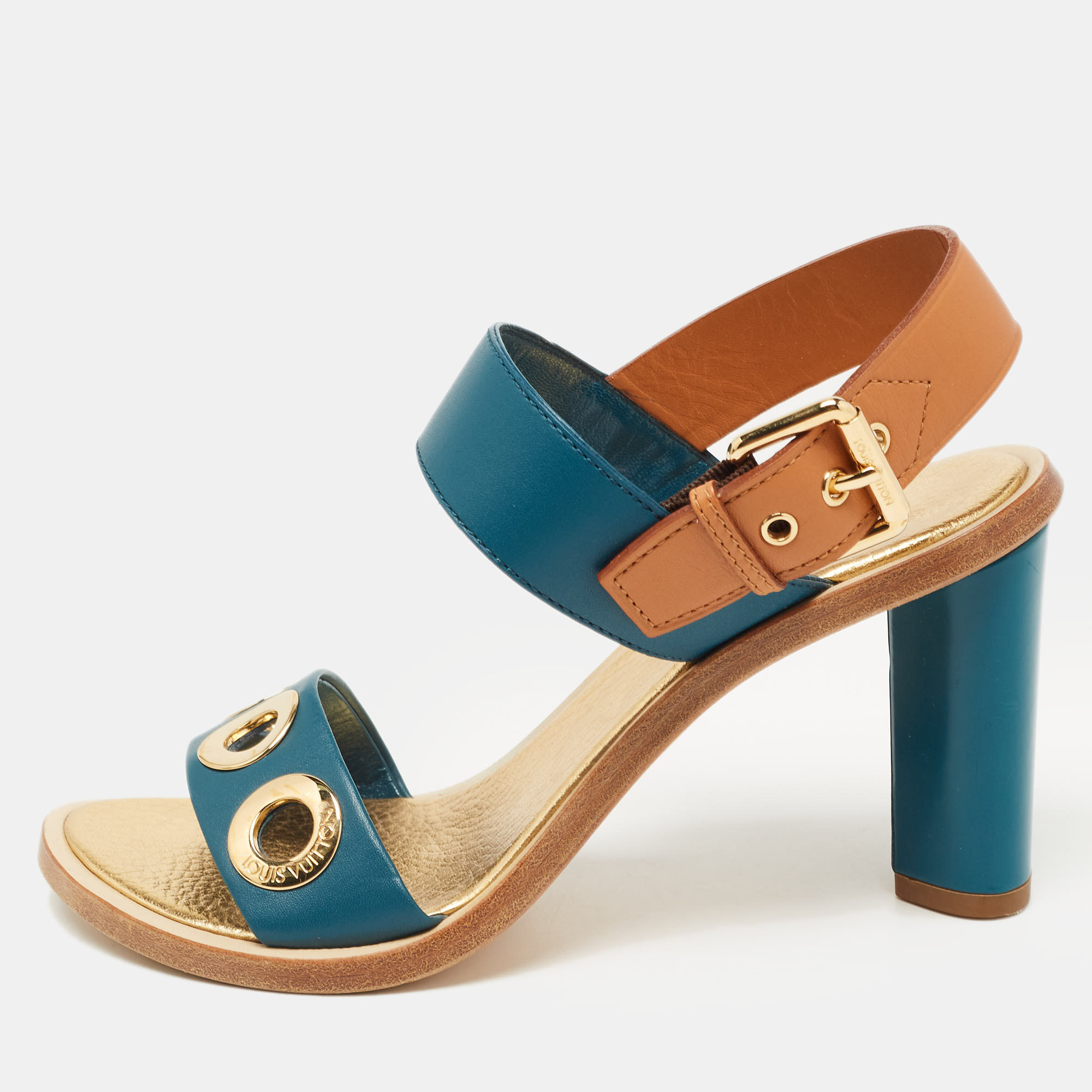 Pre Owned Louis Vuitton Teal/Brown Leather Ankle Strap Sandals Size 37